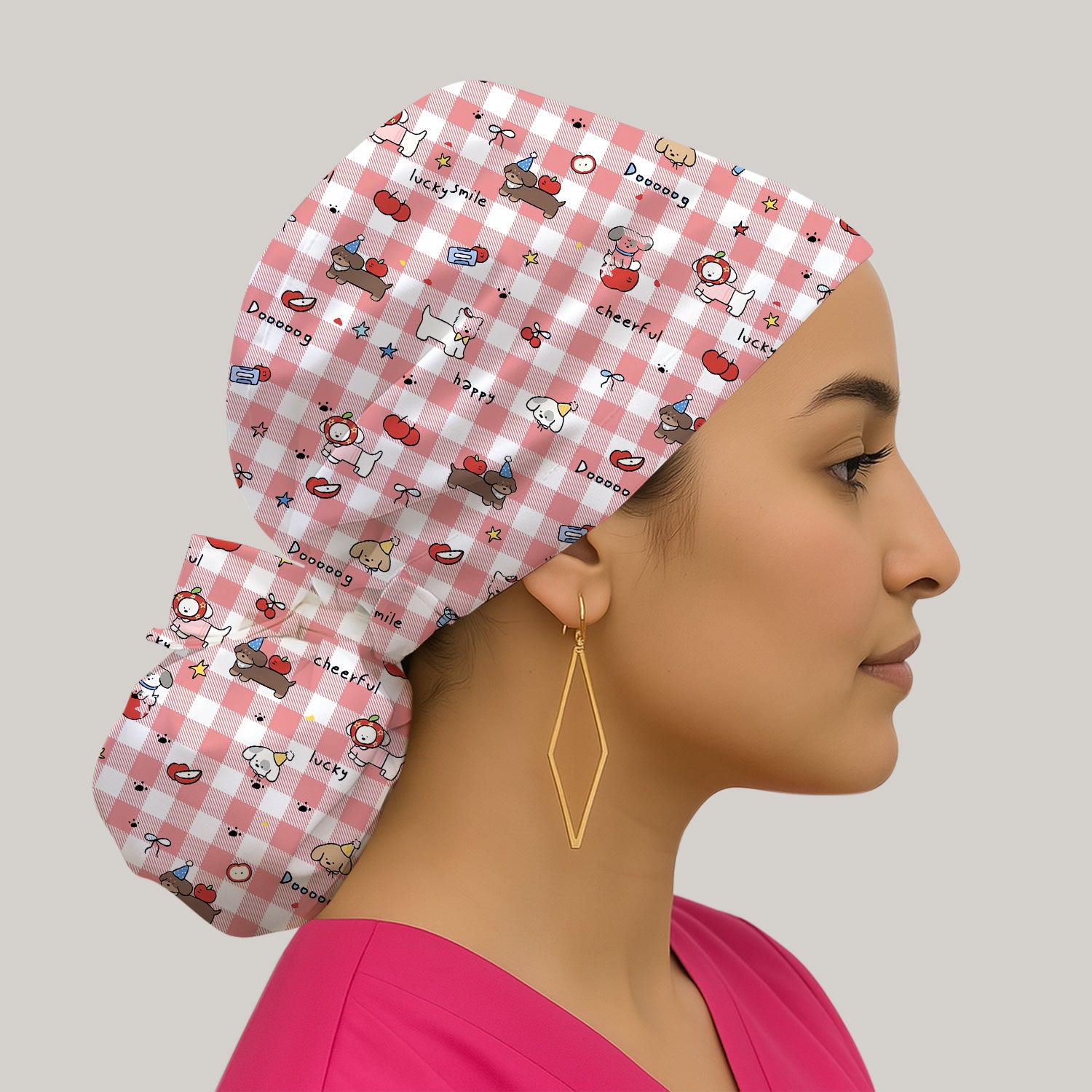 Cute Nurse Cartoon Puppy Apple Gingham Scrub Cap, Surgical Caps for Doctors