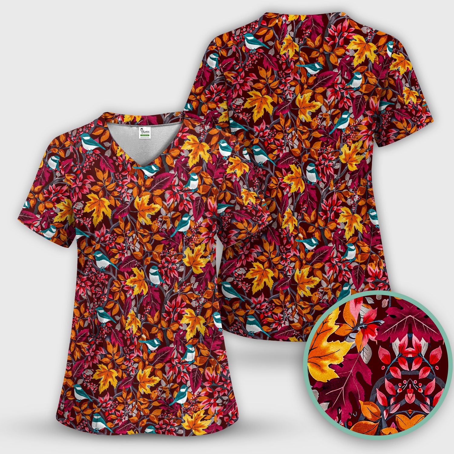 Autumn Leaves Blue Bird Pattern Print Scrub Top, Breathable Fabrics Nursing Uniform