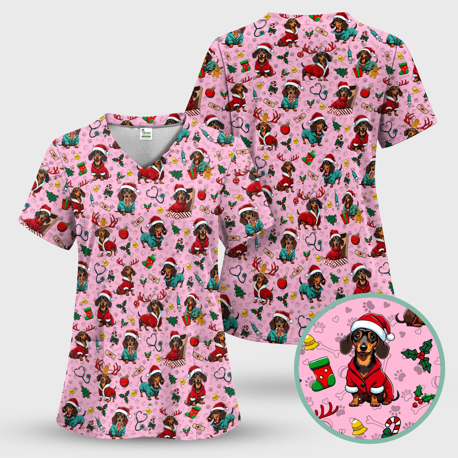 Christmas Dachshund Scrubs for Nurses - Cute Sausage Dog Holiday Scrub Top - Funny Reindeer & Santa Medical Shirt for Women