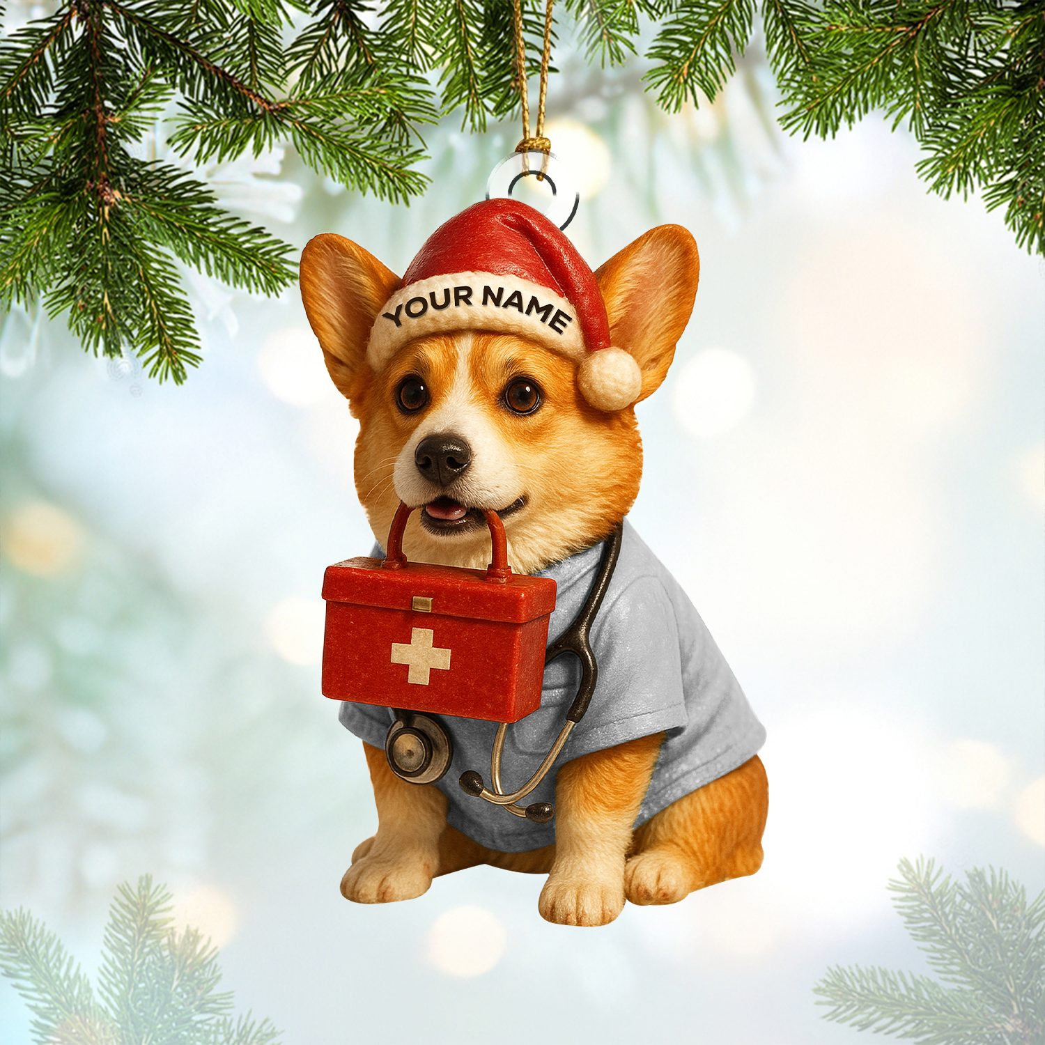 Personalized Corgi Nurse Christmas Ornament, Custom Name Dog Lover Ornament, Cute RN Holiday Gift for Healthcare Workers