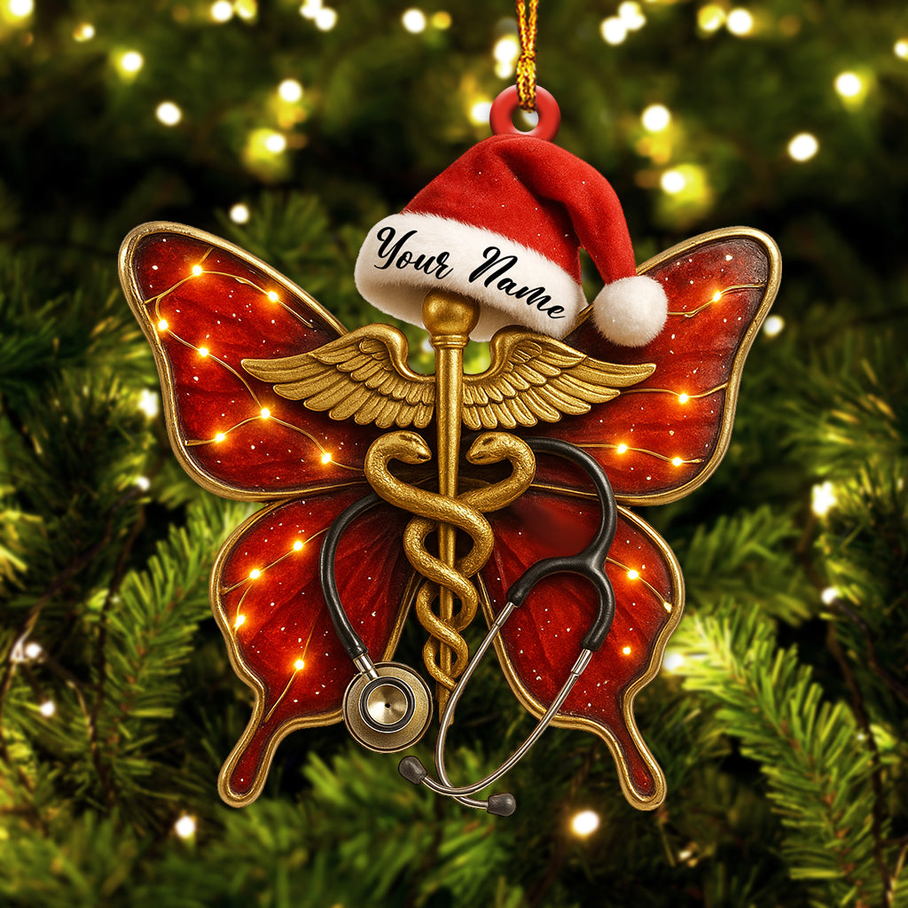 Personalized Butterfly Caduceus Nurse Ornament – Custom Name Medical Christmas Decor for Healthcare Workers