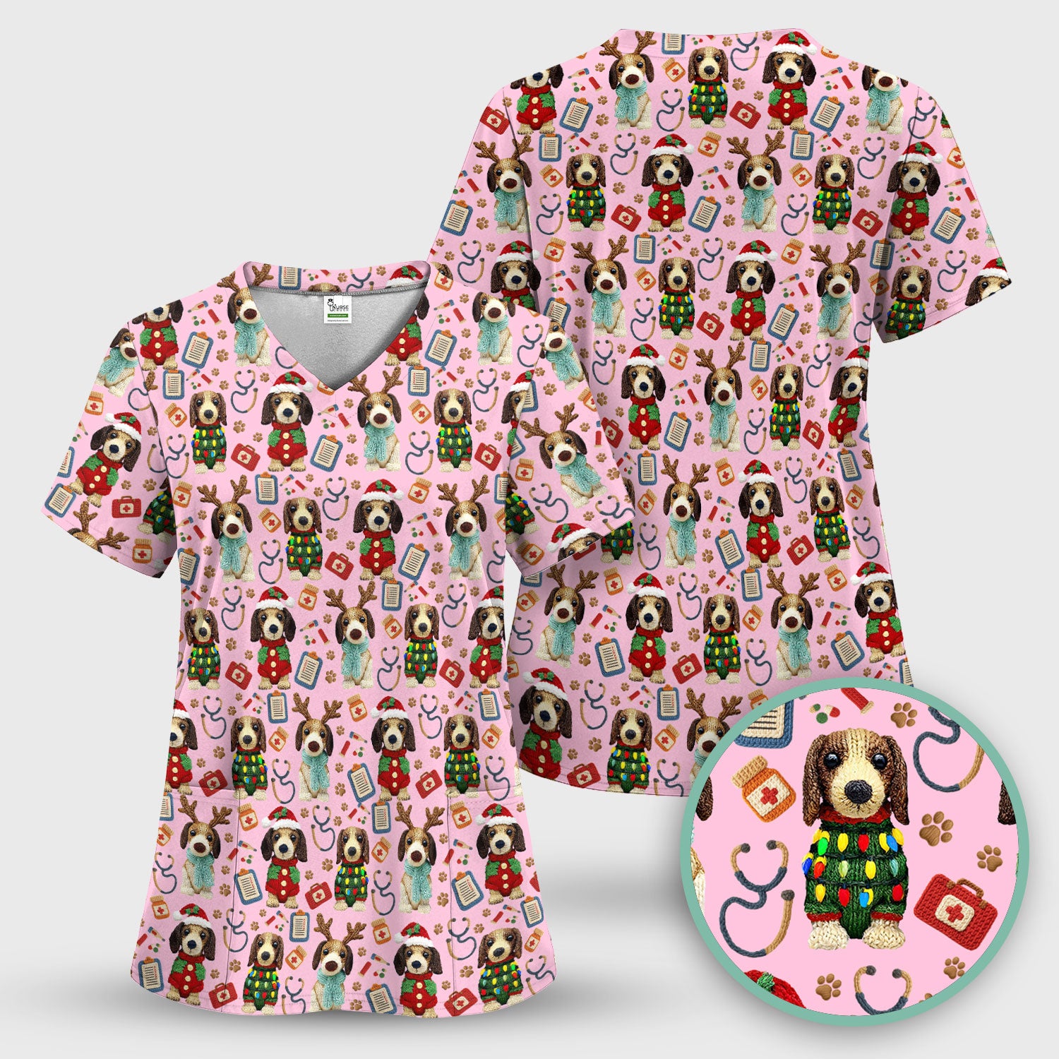 Christmas Doxie Scrubs for Women - Cute Dachshund Christmas Scrub Top for Nurses - Funny Medical Uniform Gift