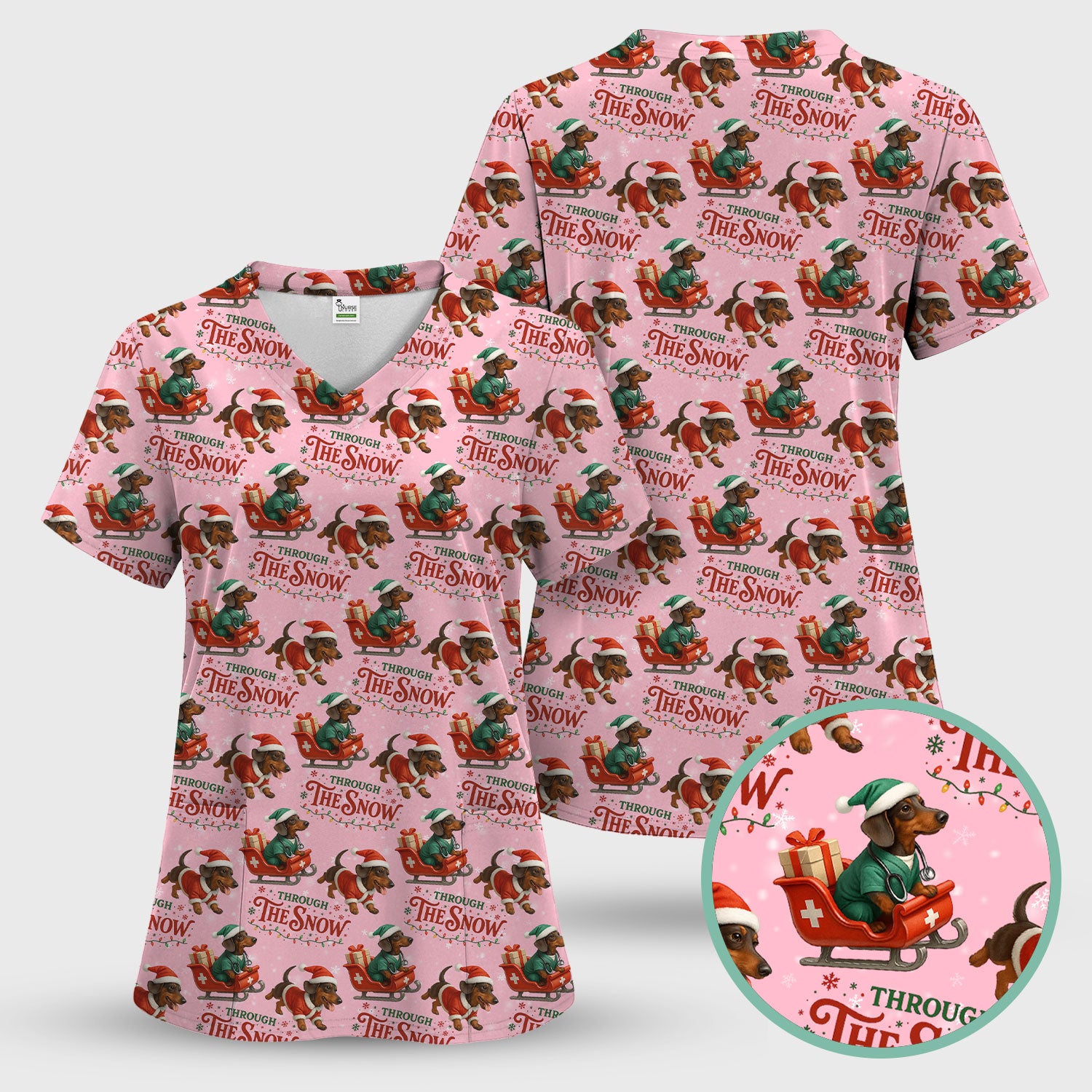 Dachshund Christmas Scrub Top, Cute Dog Nurse Scrub Shirt, Through The Snow Pattern Nursing Uniform