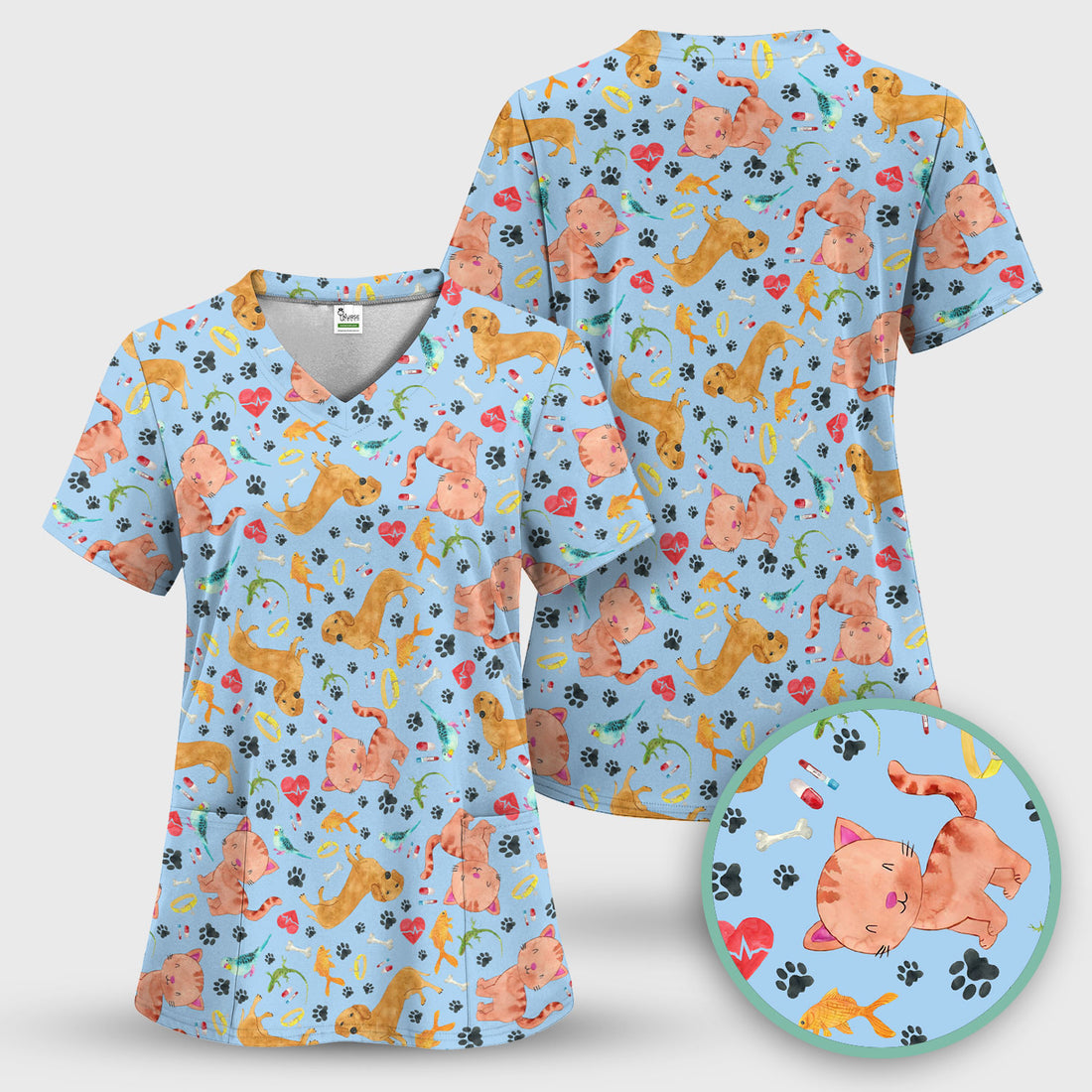 Cat Dog Veterinary Scrub Top - Cute Animal Paw Print Medical Shirt - Adorable Nurse Scrubs for Women RN CNA Vet Tech