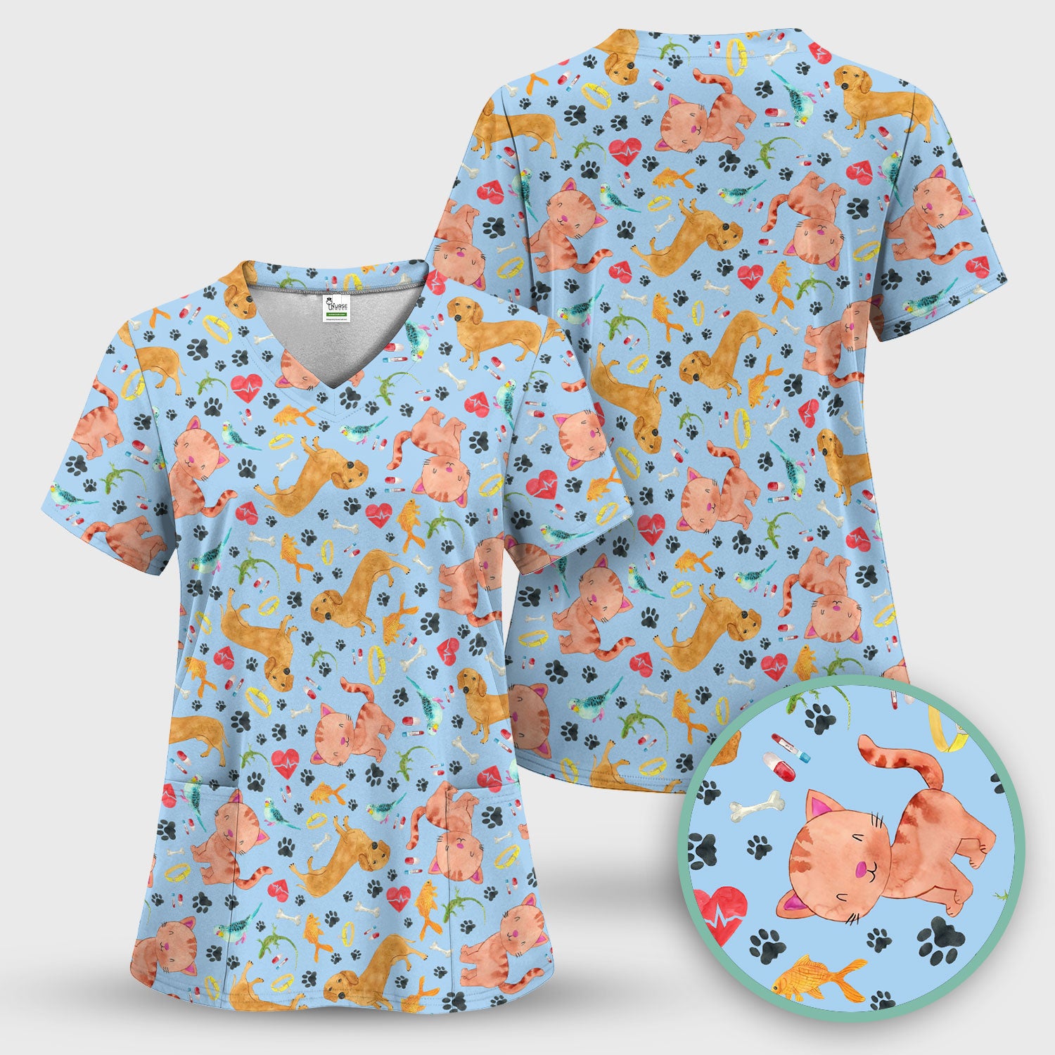 Cat Dog Veterinary Scrub Top - Cute Animal Paw Print Medical Shirt - Adorable Nurse Scrubs for Women RN CNA Vet Tech