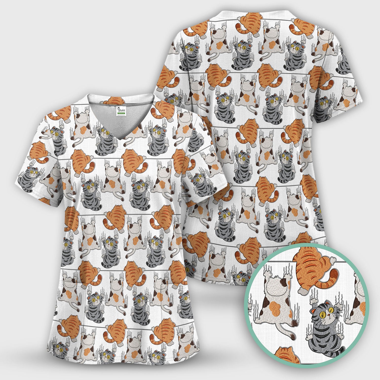 Cute Cat Pattern Nurse Scrub Top, Cats Medical Pattern Shirt, Breathable Fabrics Nursing Uniform