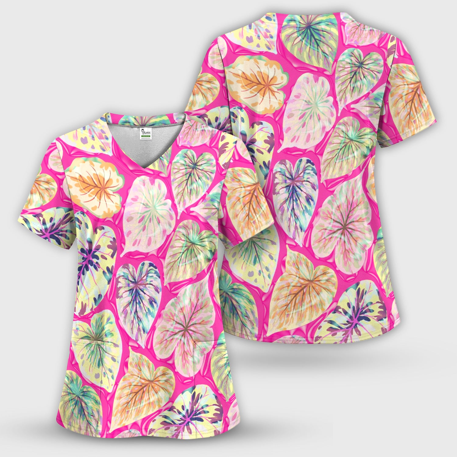 Tropical Colorful Shaped Leaf Nurse Pattern Scrub Top, Breathable Medical Scrubs