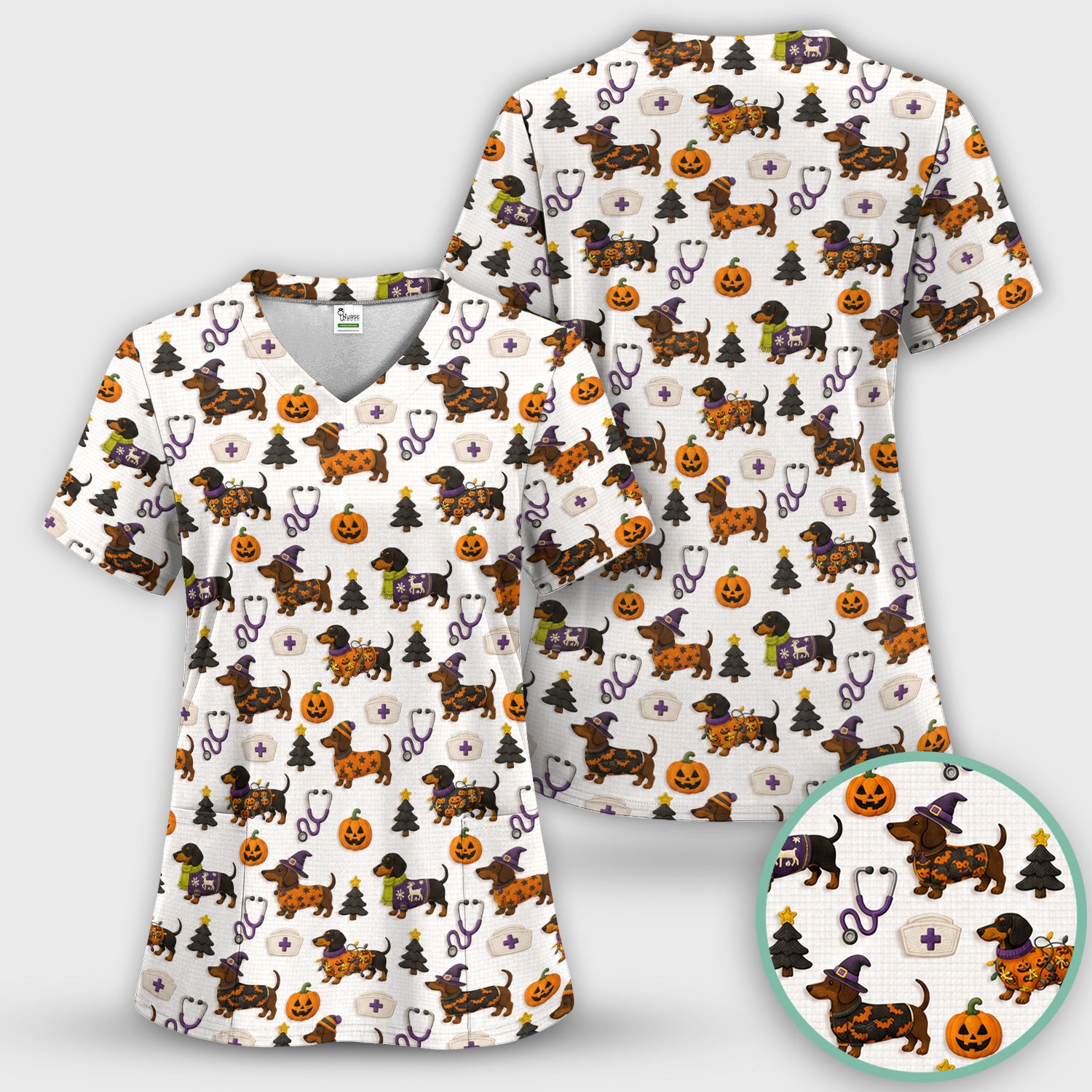 Halloween Dachshund with Pumpkin Stethoscope Print Scrub Set, Scrub Pants and V Neck Top