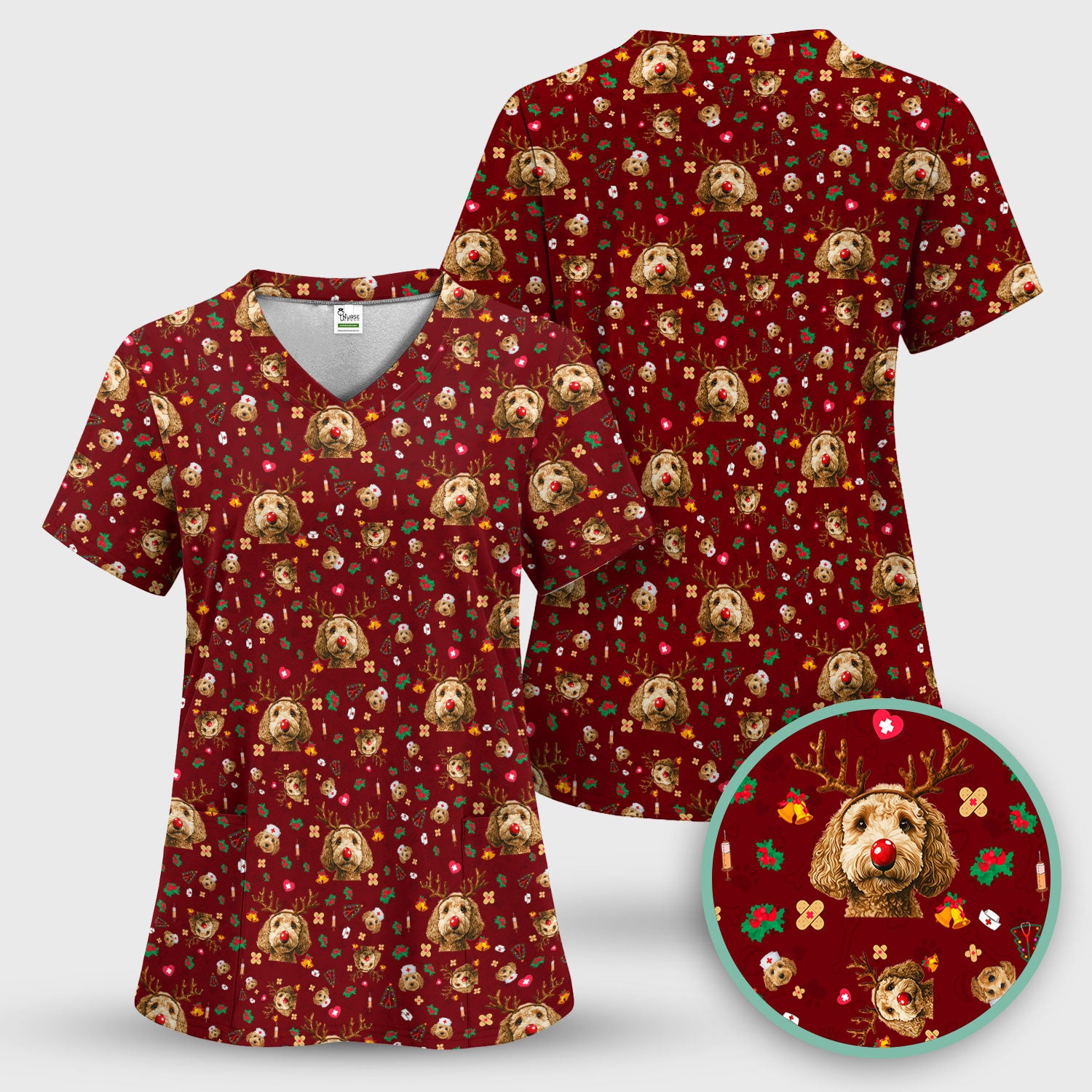 Christmas Labradoodle Scrub Top - Funny Reindeer Dog Nurse Shirt - Cute Holiday Medical Uniform for Women Healthcare Gift