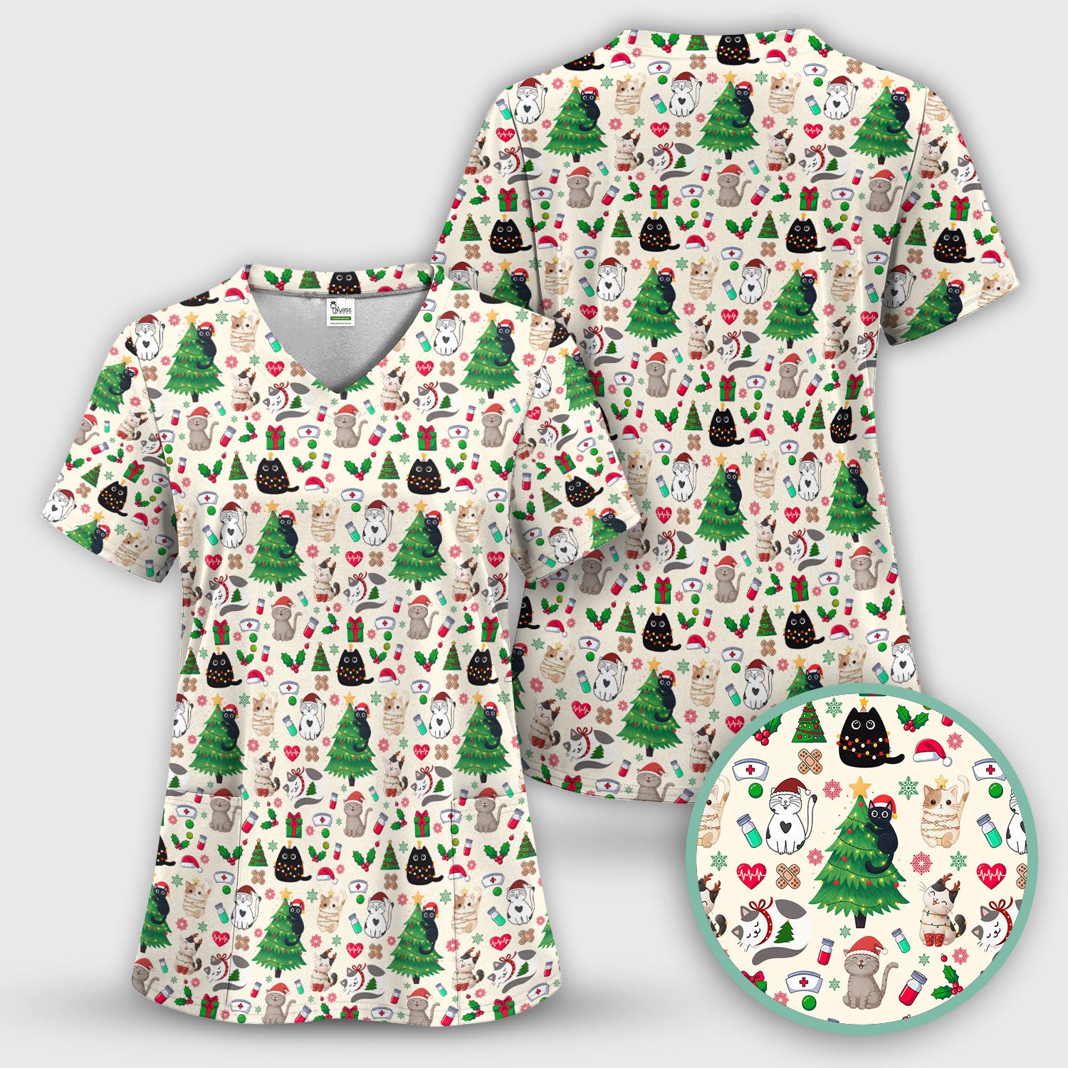 Christmas Cat Scrub Top, Xmas Pet Pattern Scrub Shirt, Breathable Fabrics Nursing Uniform