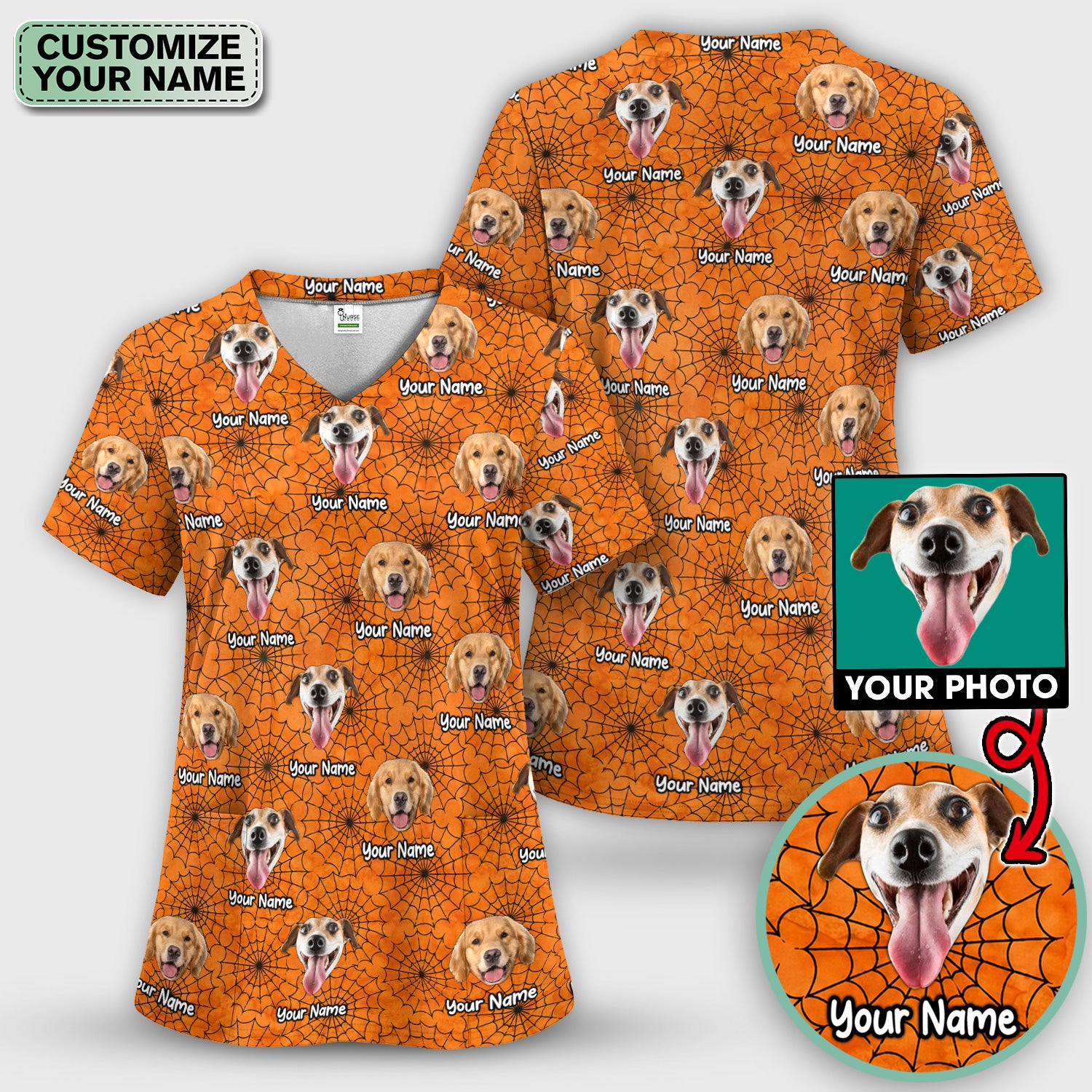 Personalized Halloween Dog Photo Spiderweb Scrub Set, Scrub Pants and V Neck Top