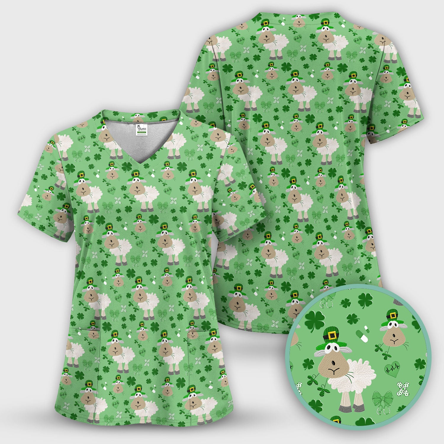 Nurse St. Patrick Scrubs Top, Cute Sheep Shamrock Pattern Nurse Shirt, Breathable Fabrics Nursing Uniform