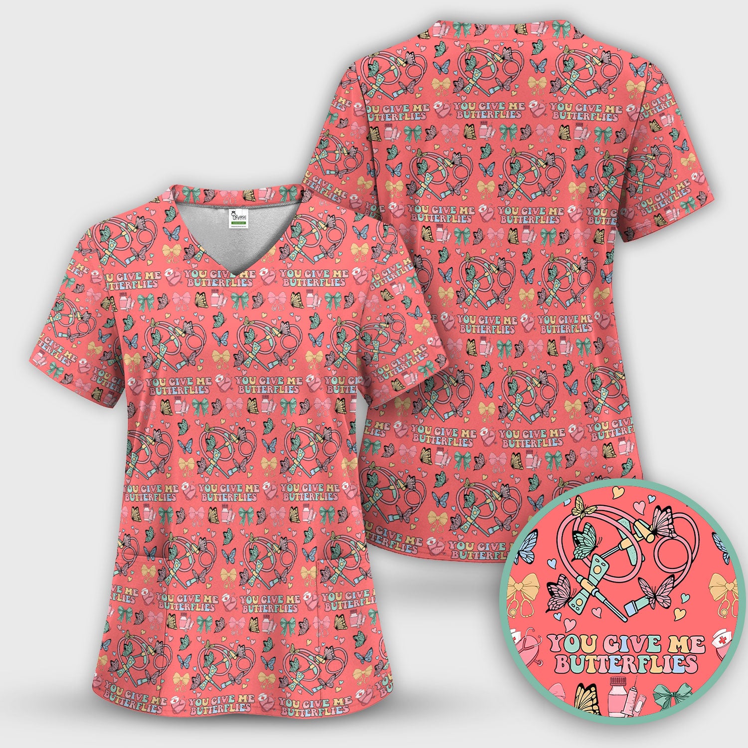Butterfly Heart Valentine Medical Pattern Scrub, Women's Scrub Sets