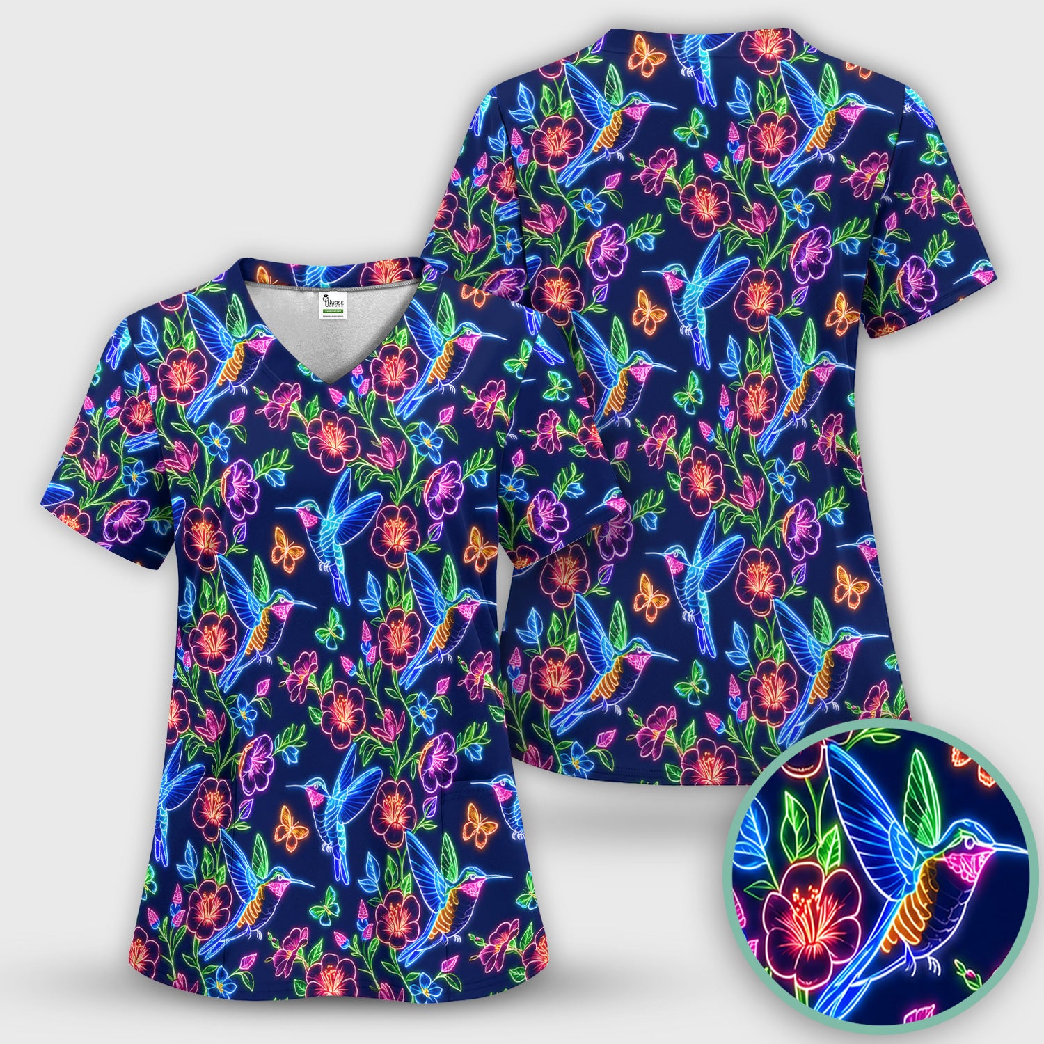 Neon Hummingbird Floral Garden Pattern Scrub Set, Scrub Pants and V Neck Top