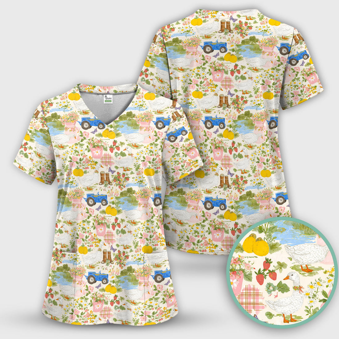 Floral and Duck Pattern Scrub Top, Comfortable Scrubs for Nurses