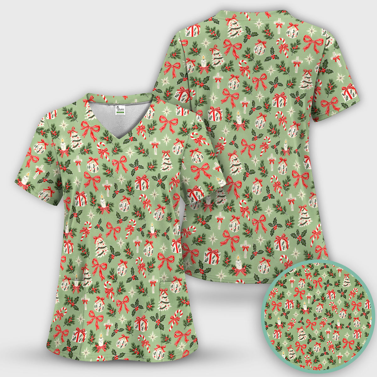 Christian Christmas Bows And Holly Scrub Top, Comfortable Scrubs for Nurses