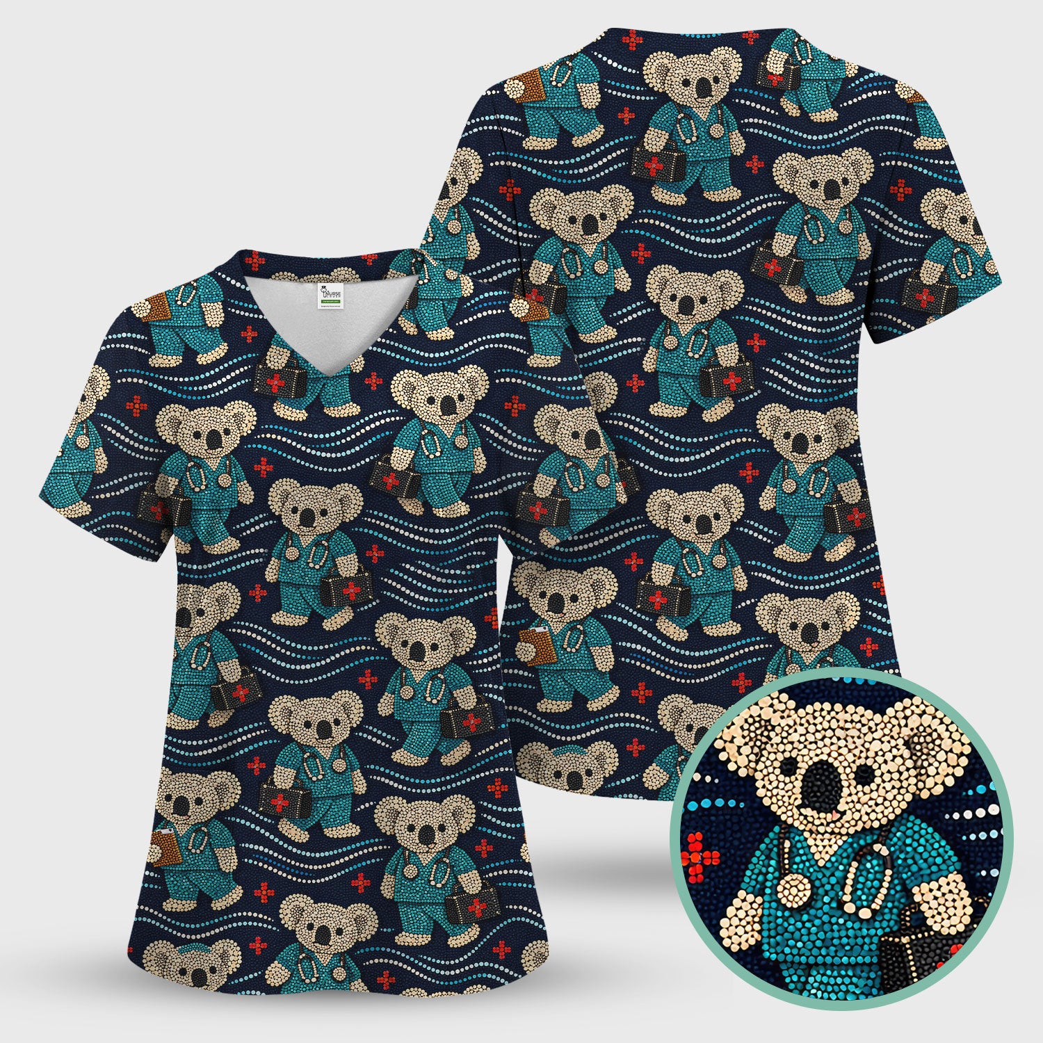 Aboriginal Dot Art Pattern Nurse Scrub Set, Koala Medical Shirt For Women, Breathable Fabrics Nursing Uniform