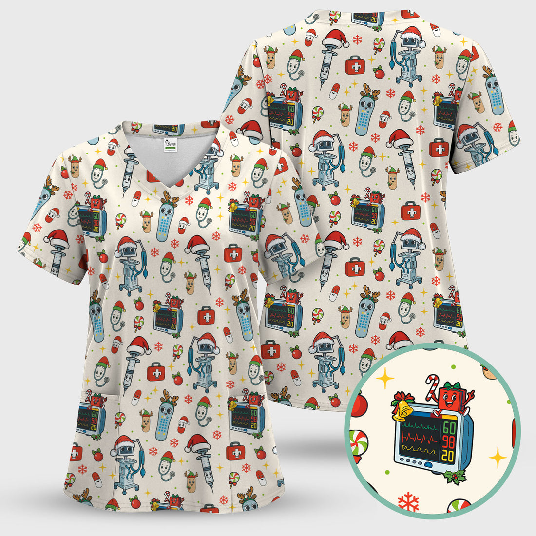 Christmas Scrub Top for Women - Funny Nurse Pattern with Robot & Reindeer - Festive Medical Shirt for Holiday Shifts