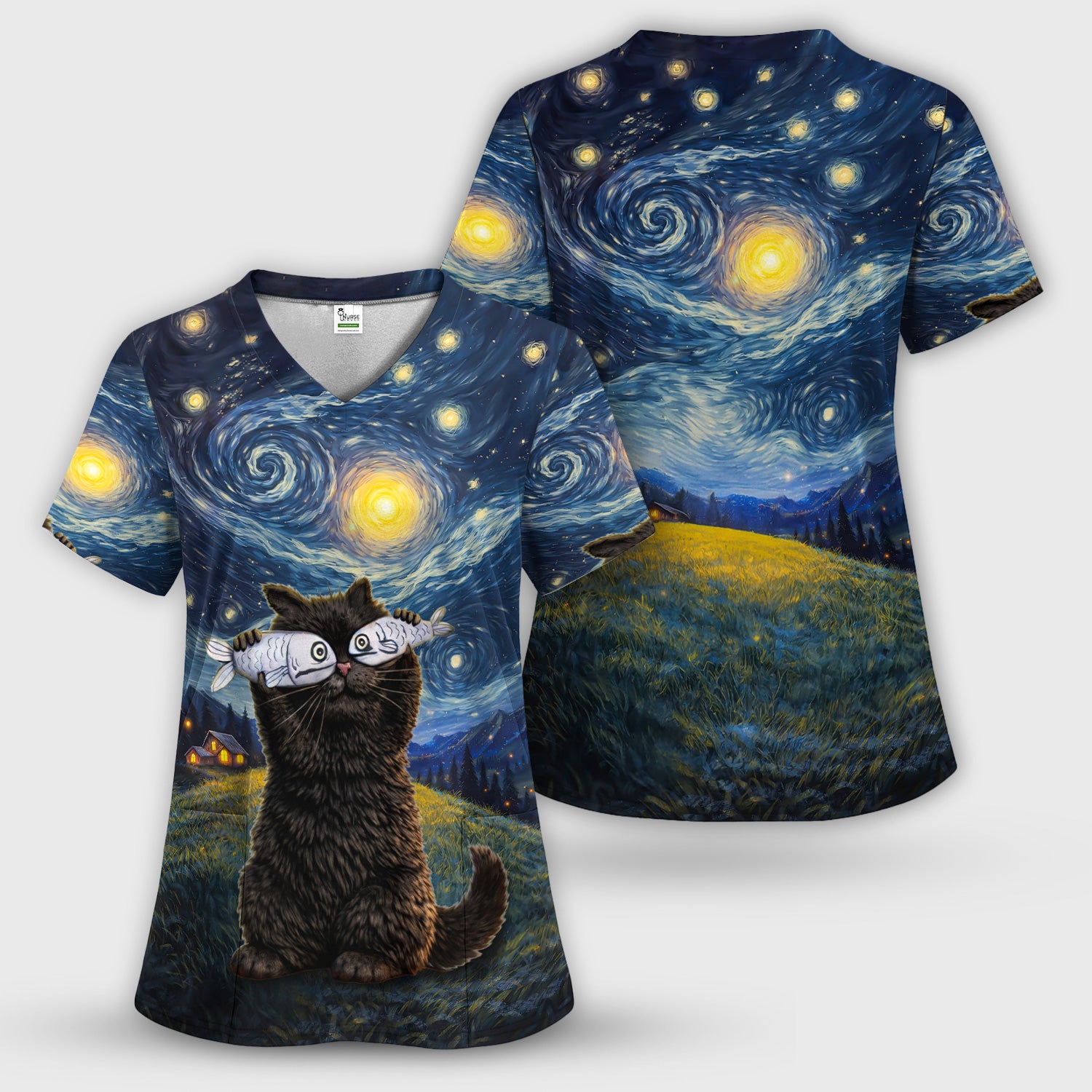 Galaxy Swirl Cat Art V Neck Medical Scrub Set for Healthcare Workers