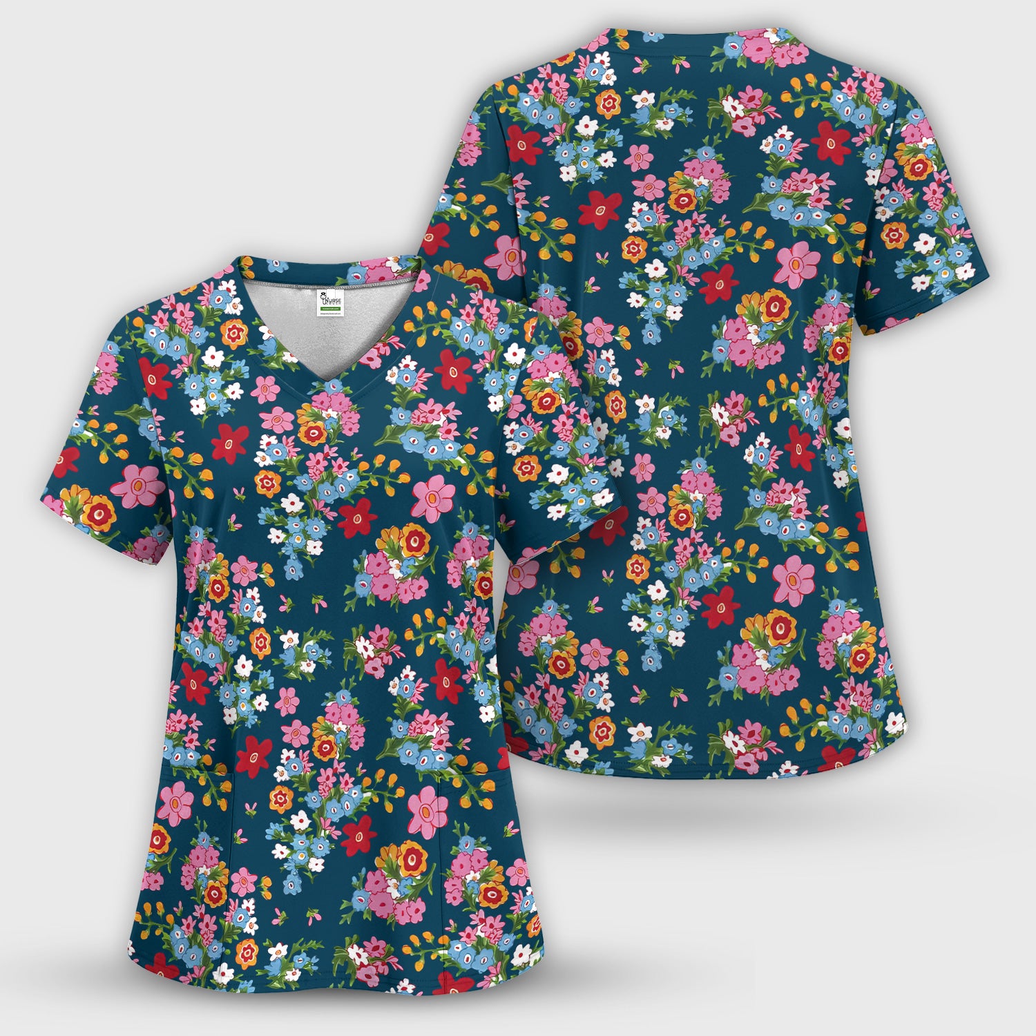 Charming Vintage Floral Bouquet Pattern Scrub Set, Nurse Uniform Scrubs Set
