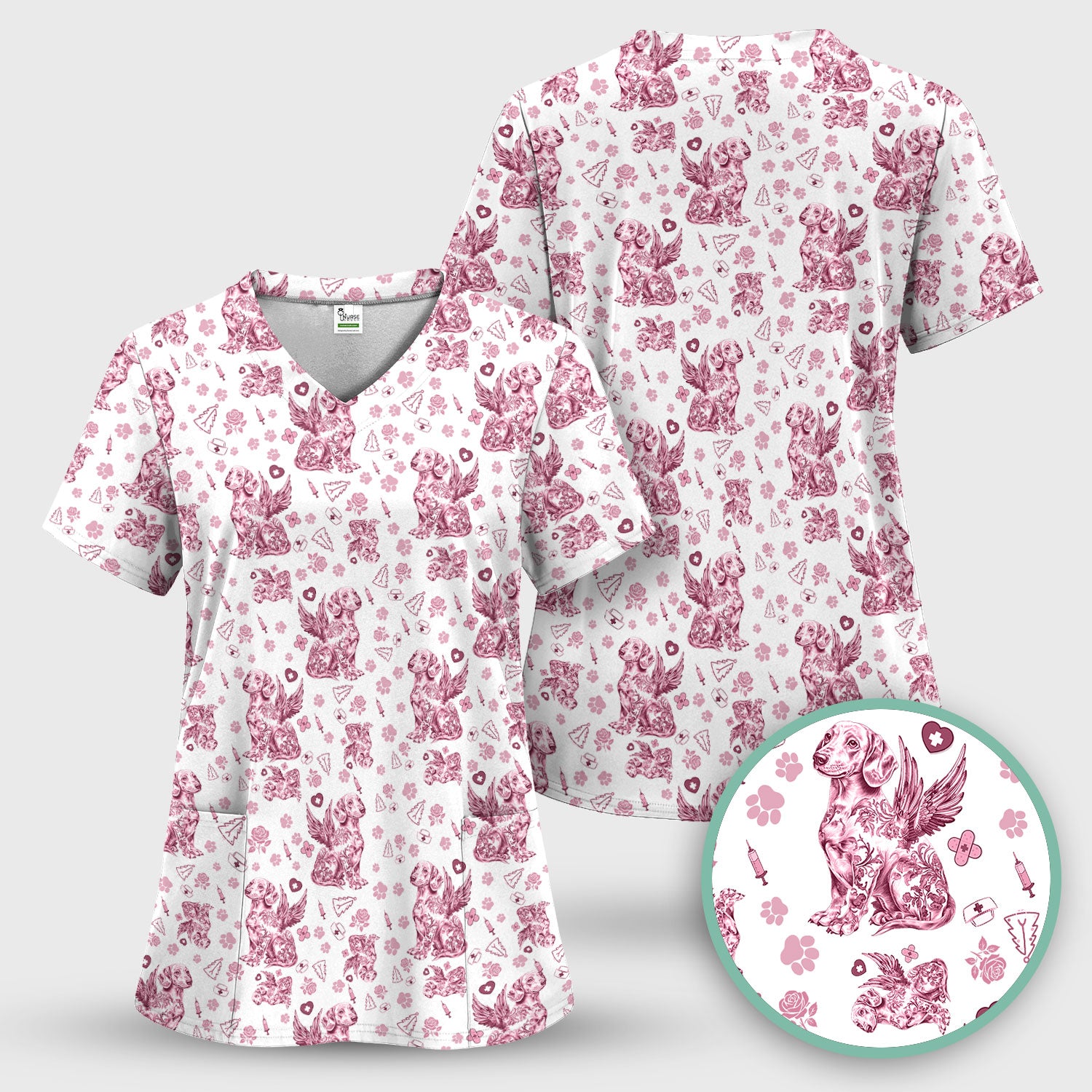 Toile de Jouy Dachshund Angel Scrub Top - Blue Vintage Dog Nurse Shirt - Memorial Christmas Gift