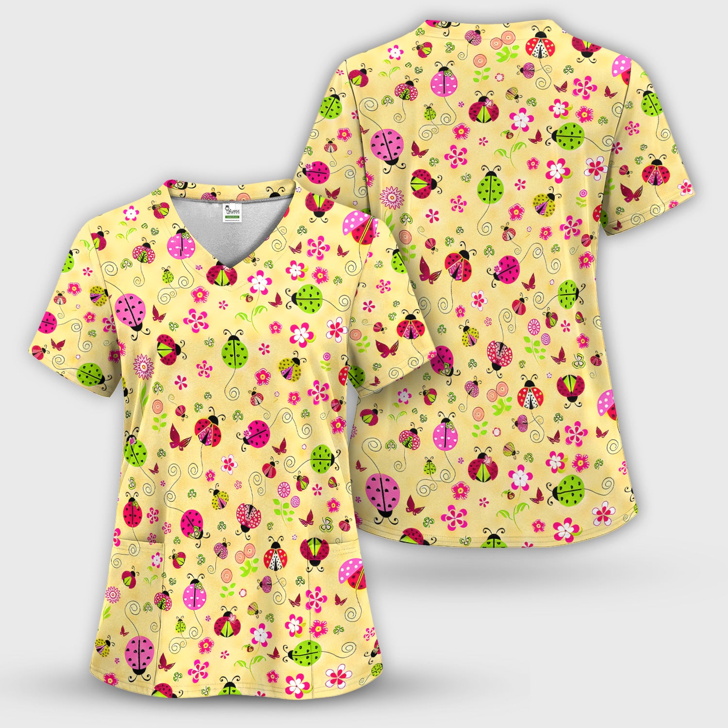Yellow Ladybug Floral Garden Pattern Scrub Set, Scrub Pants and V Neck Top