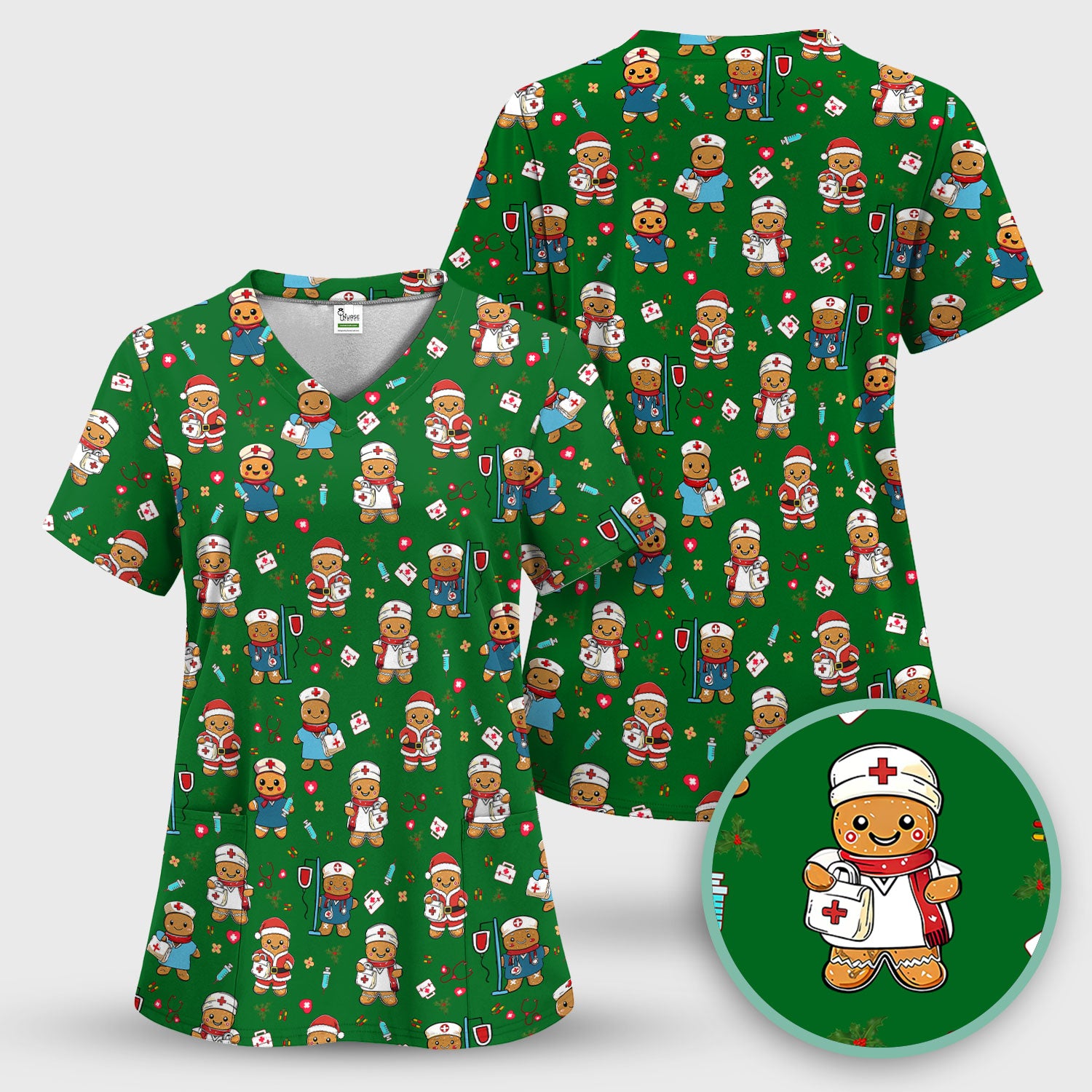 Christmas Gingerbread Nurse Scrub Top for Women - Cute Holiday Medical Uniform - Funny Shirt for RN LPN CNA Xmas Gift