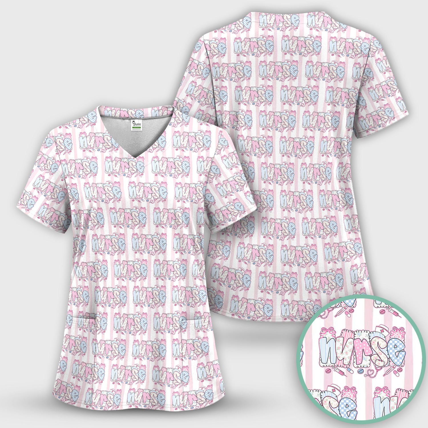 Cute Pastel Nurse Pattern Scrub Set, Scrub Pants and V Neck Top