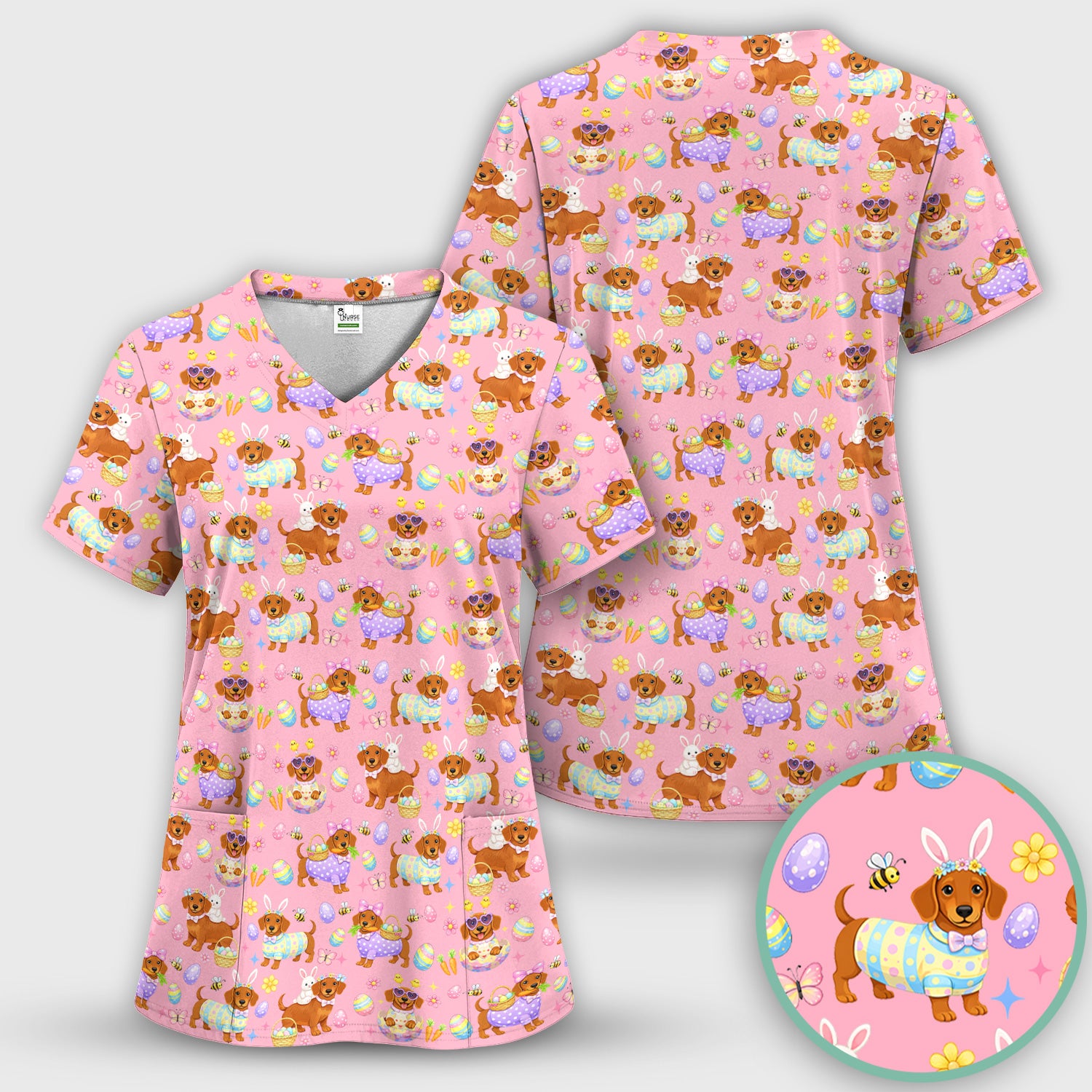 Cute Easter Dachshund Dog Pattern Scrub Top, Breathable Healthcare Uniform Top