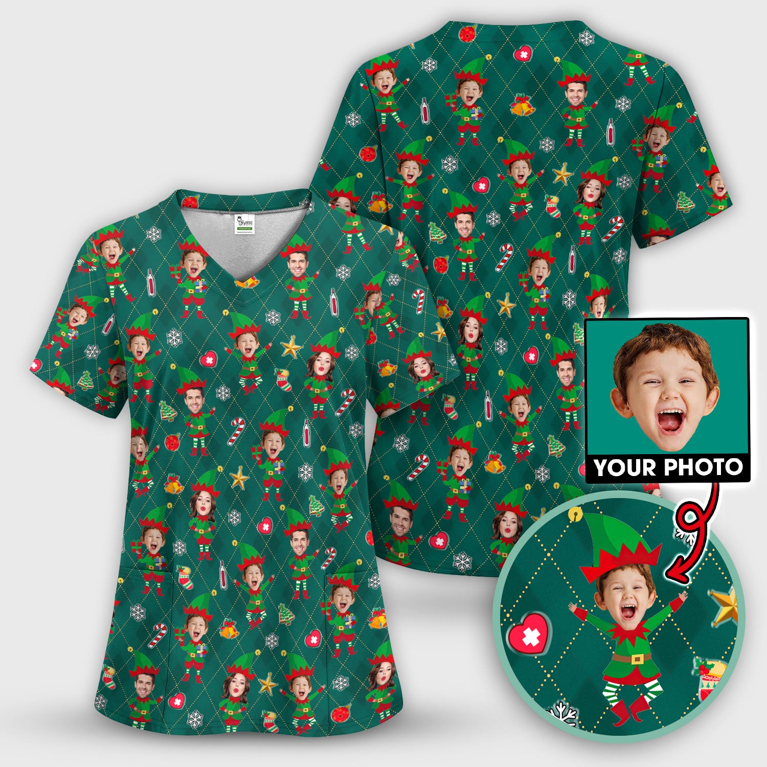 Personalized Face Nurse Shirt, Custom Photo Christmas Scrub Top, Funny Holiday Medical Uniform For Nursing