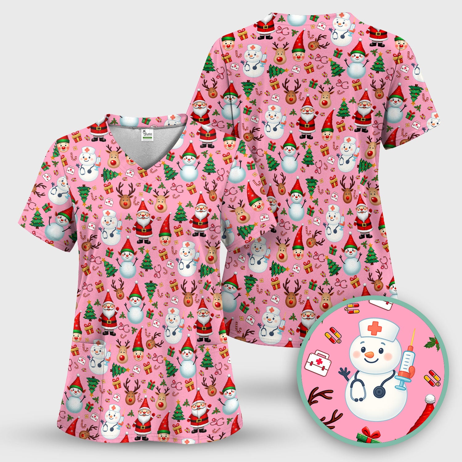 Christmas Nurse Scrub Top - Cute Snowman Santa Reindeer Pattern Medical Shirt - Festive Holiday Scrubs for Women RN CNA LPN