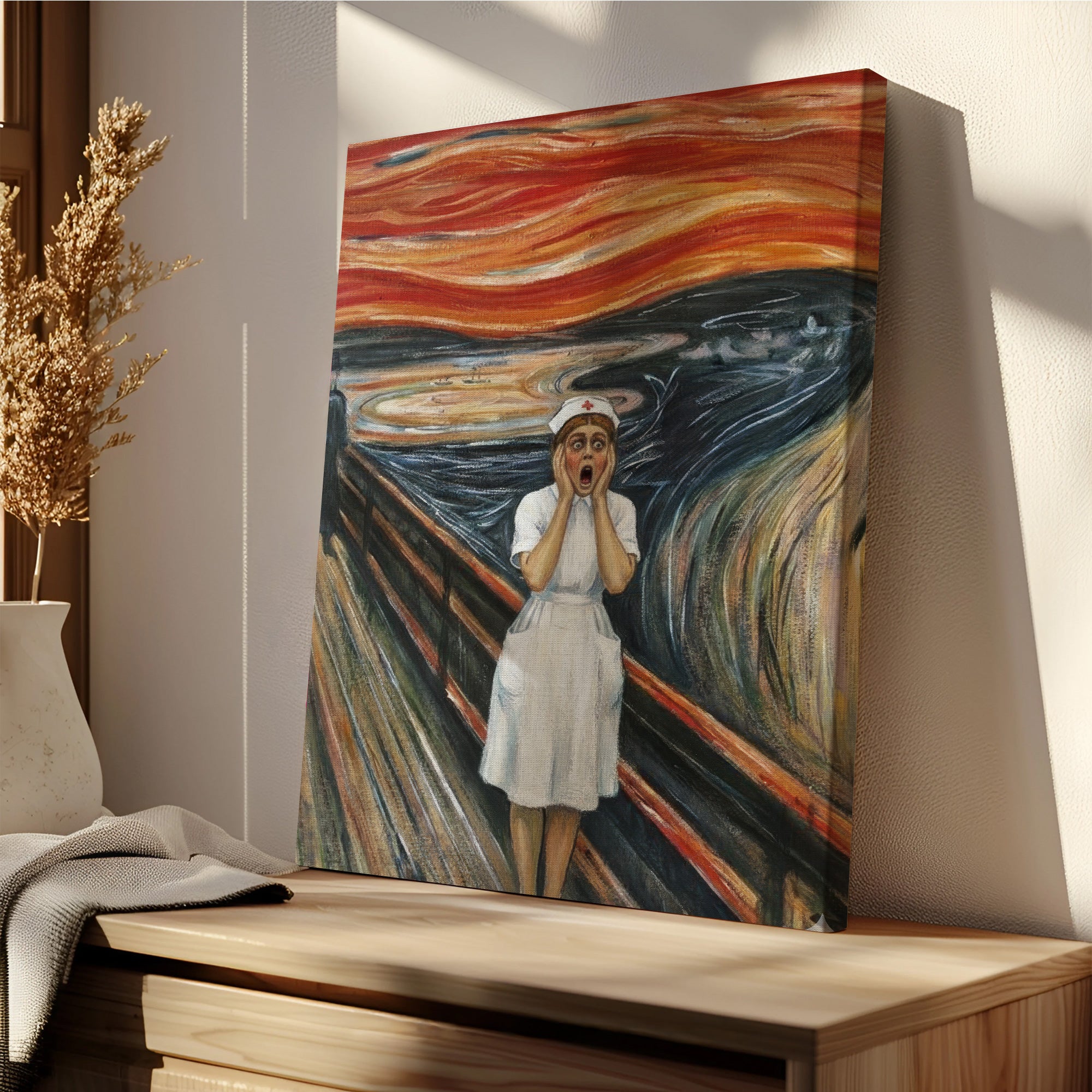 Funny Stressed Nurse Wall Art, The Scream by Munch Parody Expressionism Canvas, RN LPN CNA Gift