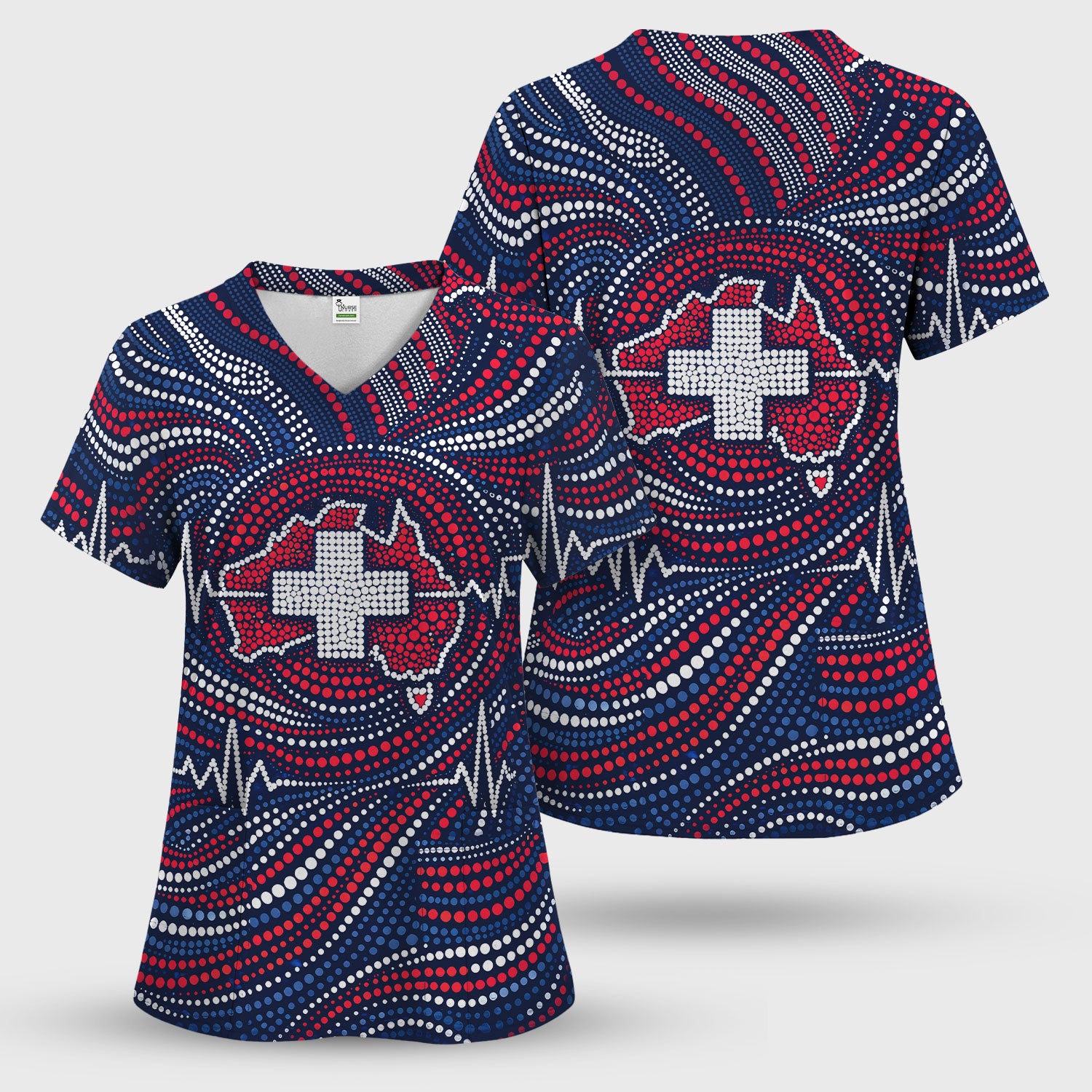 Dot Art Medical Cross Heartbeat Print Scrub Top, Comfortable Scrubs for Nurses