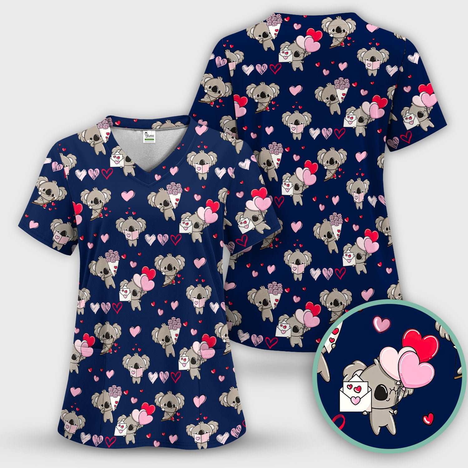 Valentine Koala Holding Flowers Cute Print Scrub, Women's Scrub Sets