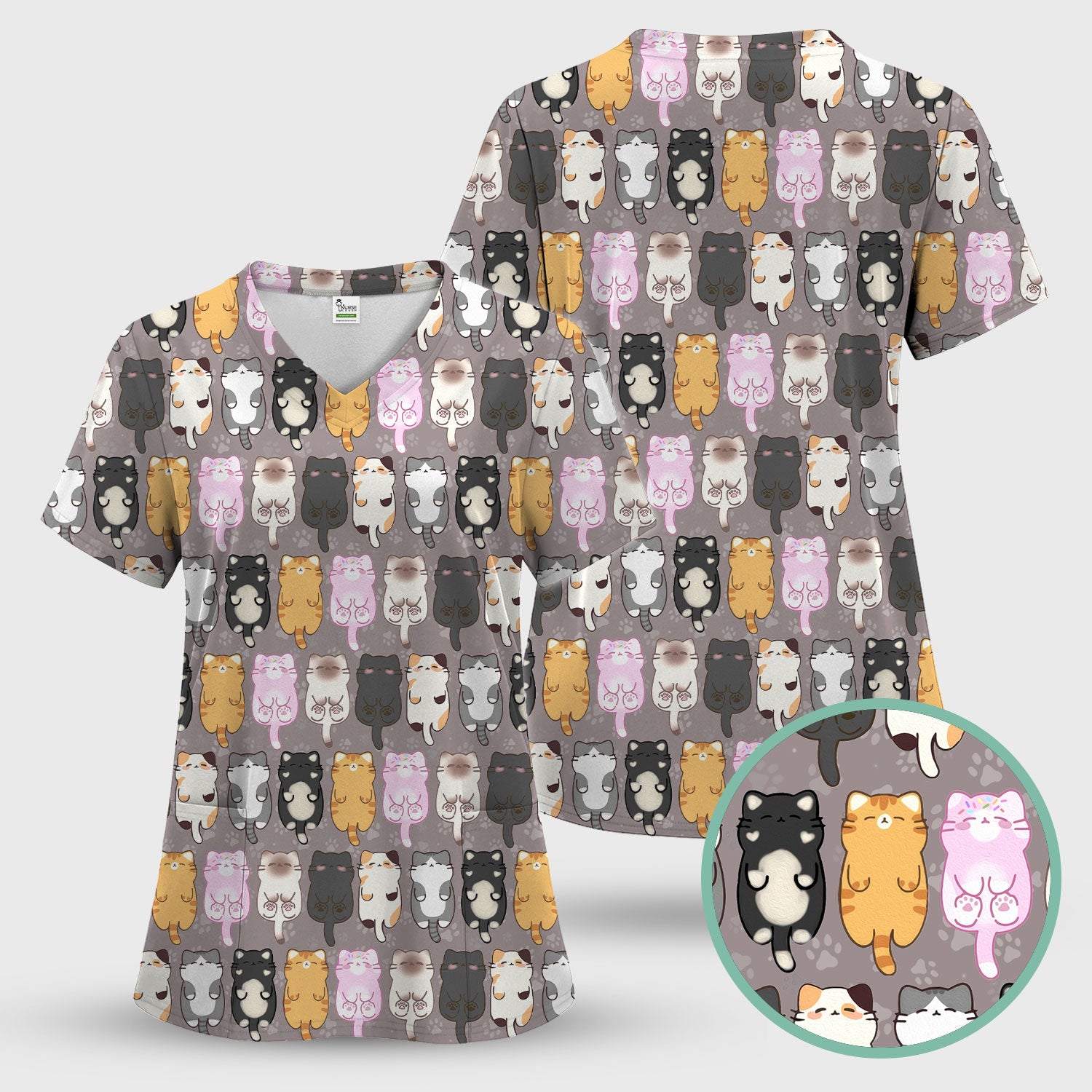 Funny Cartoon Cats All Over Print Scrubs Top, Comfortable Scrubs for Nurses