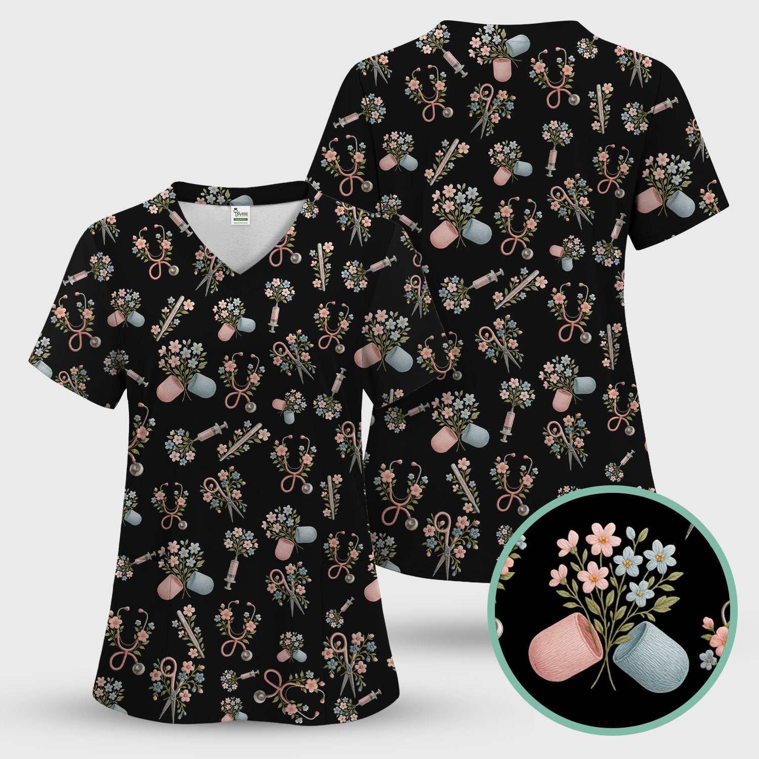 Floral Medical Scrub Top, Elegant Stethoscope With Flower Nursing Shirt, Breathable Fabrics Nurse Uniform