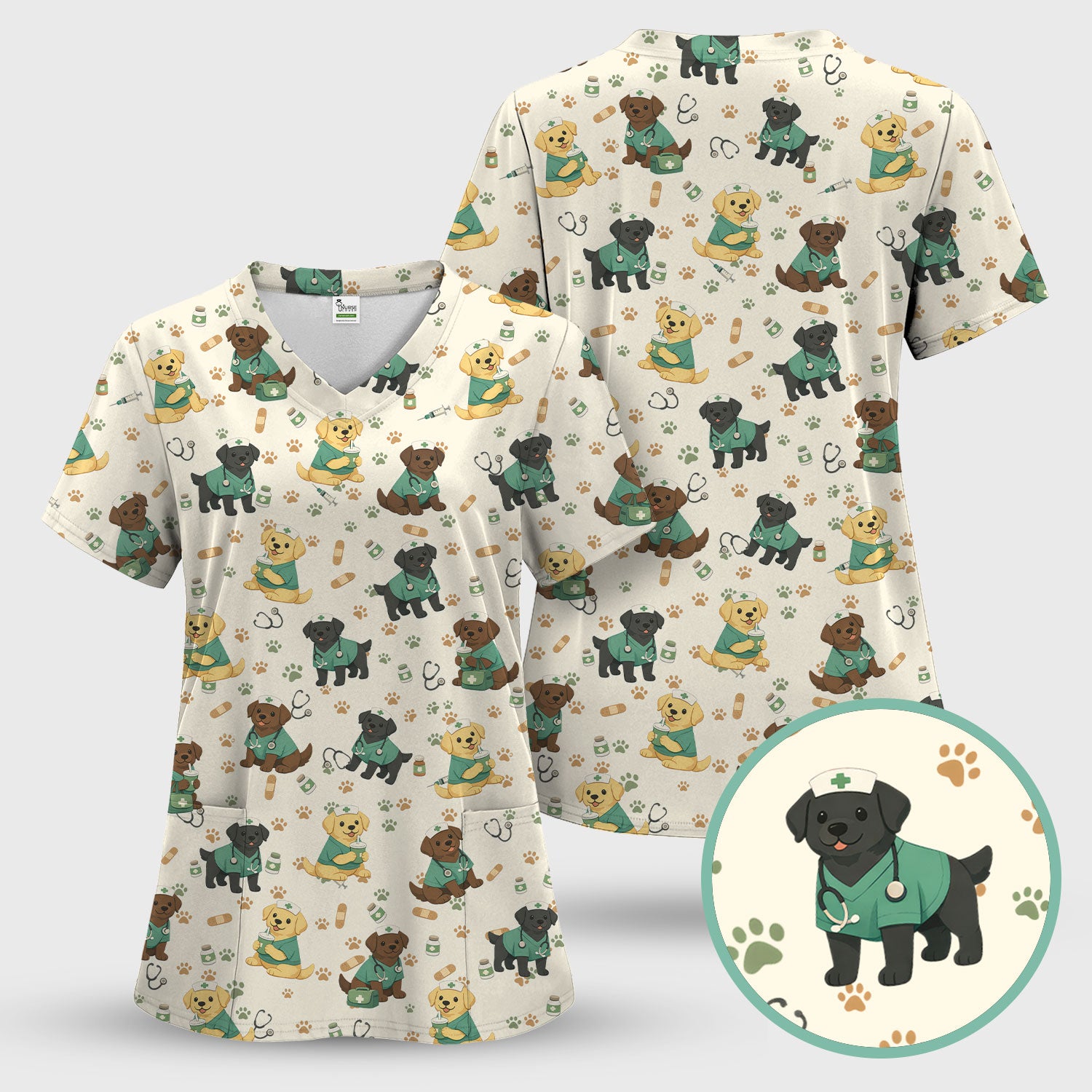 Labrador Retriever Nurse Scrub Set, Cute Medical Dog Pattern Nurses Shirt, Breathable Fabrics Nursing Uniform