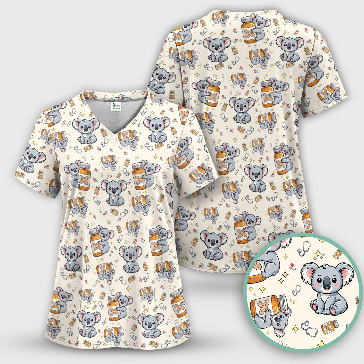 Cute Koala Nurse Bandage Medicine Print Scrub Top, Comfortable Scrubs for Nurses