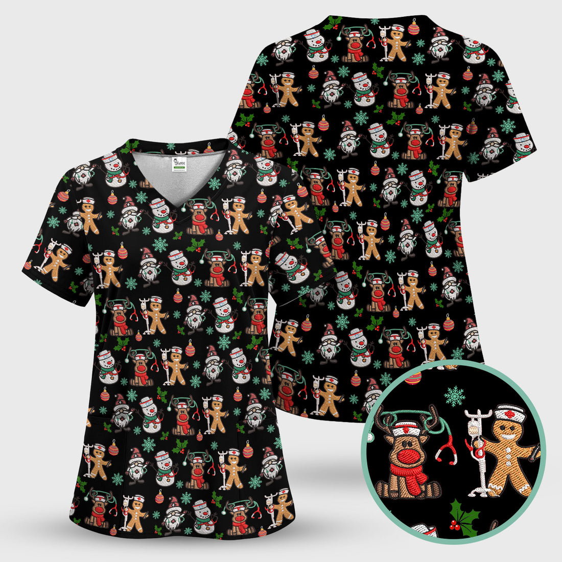 Christmas Gingerbread Scrubs for Women - Comfortable Scrubs for Nurses - Reindeer Santa Med Shirt - Breathable Fabrics Nursing Uniform