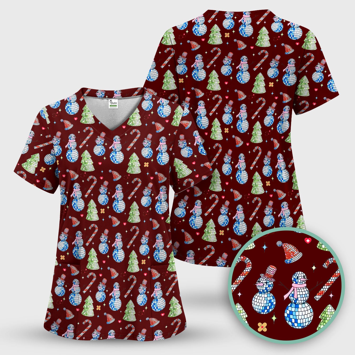 Funny Christmas Snowman Scrub Top for Women - Breathable Fabrics Med Uniform - Comfortable Scrubs for Nurses - Xmas Gift for Her