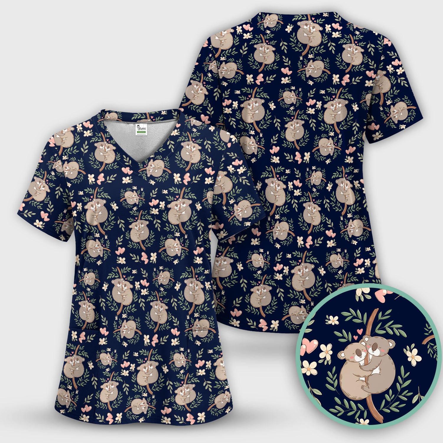 Cute Koala Couple Floral Medical Print Scrub Set, Women's Scrub Sets