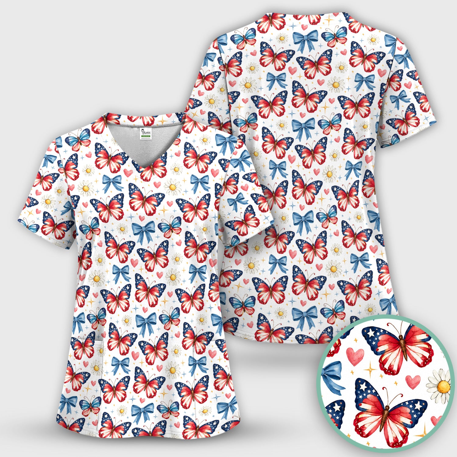 Patriotic Butterfly Bow Daisy Pattern Scrub Top, Comfortable Scrubs for Nurses