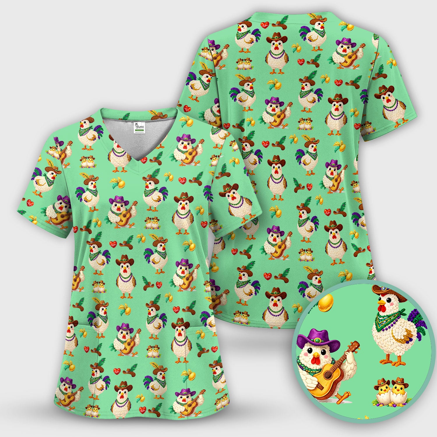 Funny Mardi Gras Rooster Cowboy Print Scrub Top, Comfortable Scrubs for Nurses