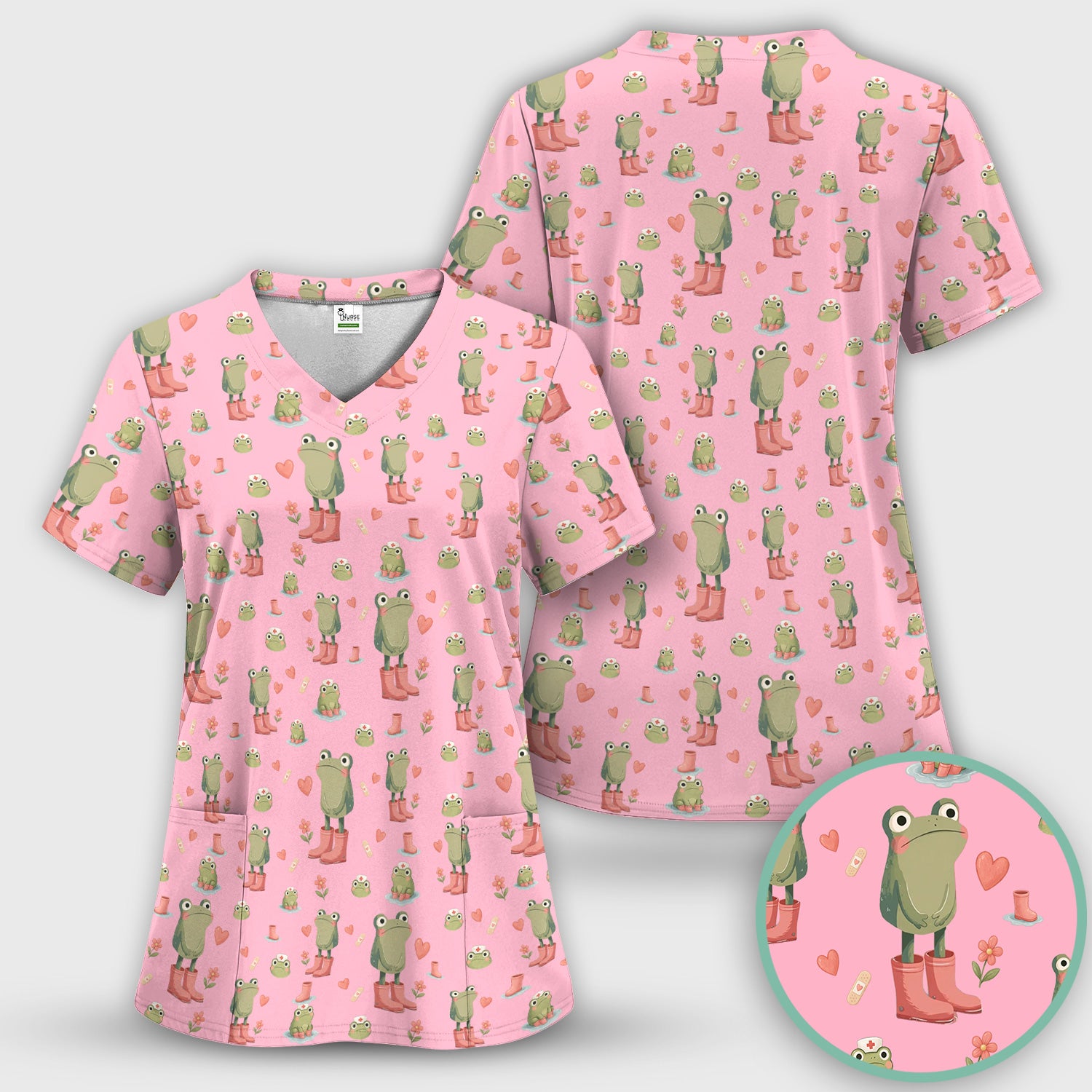 Adorable Frog Boots Heart Pattern Scrub Top, Comfortable Scrubs for Nurses