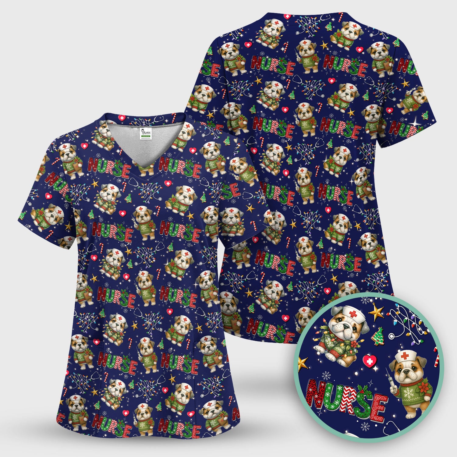 Bulldog Christmas Nurse Scrub Top - Funny Dog Scrub Shirt - Cute Holiday Medical Uniform for Women RN LPN CNA Gift