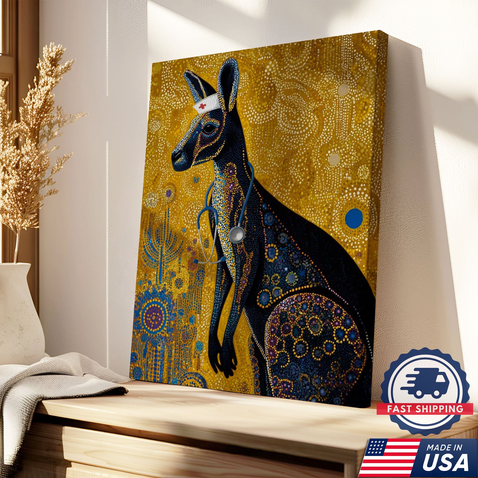 Aboriginal Style Kangaroo Canvas, Kangaroo Nurse Dot Art Poster, Australian Wildlife Decor For Nursing