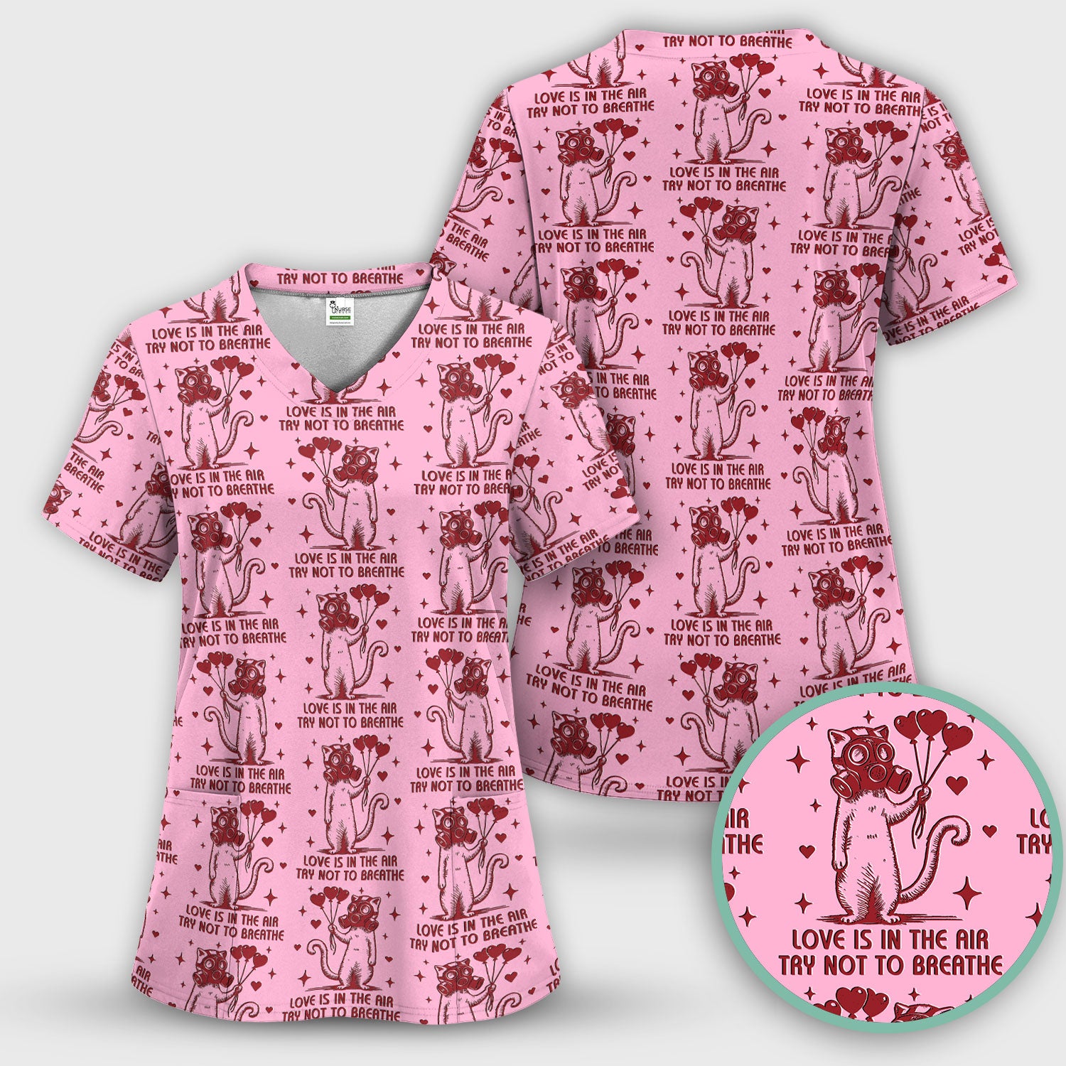 Gas Mask Cat Heart Balloon Valentine Print Scrub Top, Comfortable Scrubs for Nurses