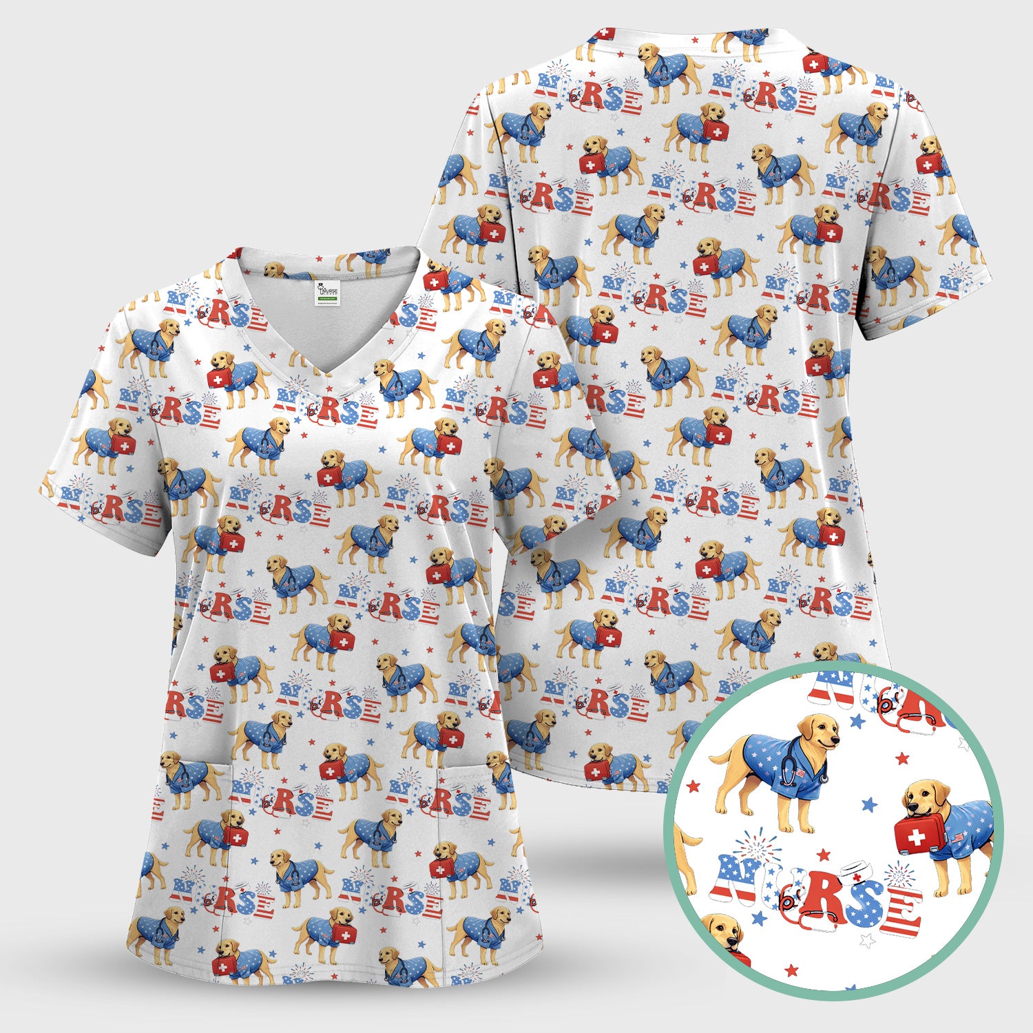 Patriotic Nurse Dog Medical Pattern Pattern Scrub Set, Women's Scrub Sets