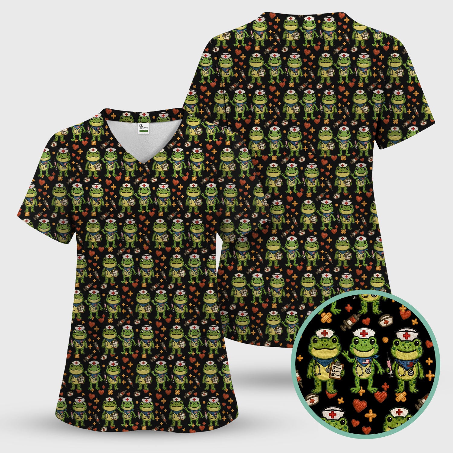 Frog Pattern Scrub Top, Cute Frog Scrub Shirt, Breathable Fabrics Nursing Uniform