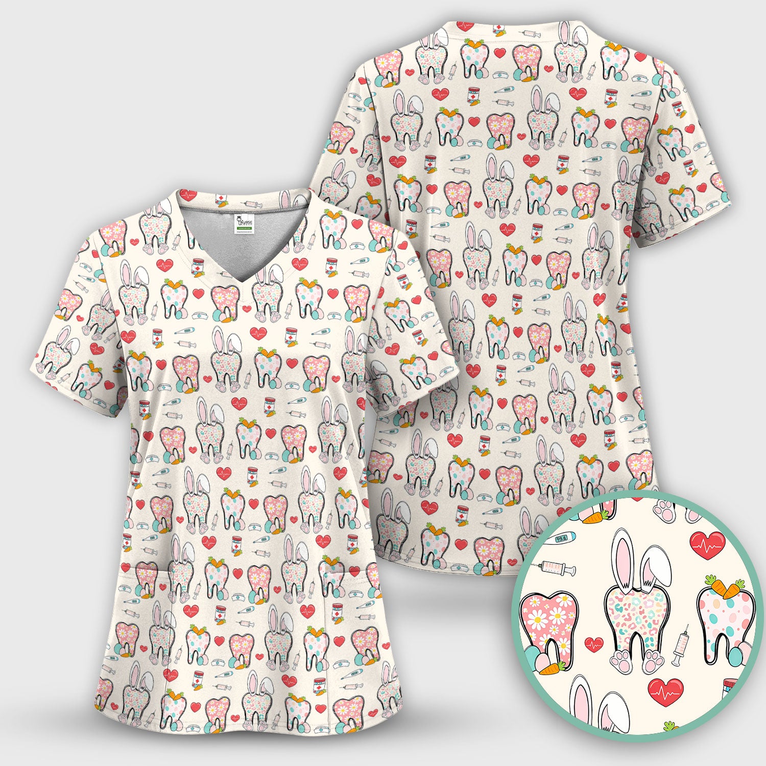 Playful Bunny Dentist Illustration Medical Scrub Top, Comfortable Scrubs for Nurses, Easter